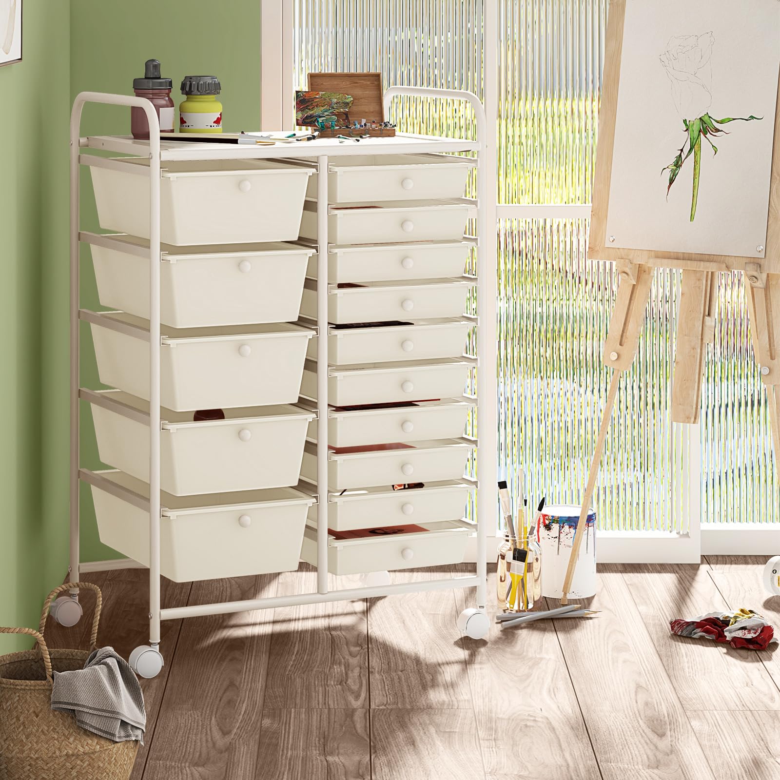 COSTWAY 15-Drawer Rolling Storage Cart | Heavy-Duty Mobile Utility Organizer with Lockable Wheels | Multipurpose Tool & Paper Storage for Home, Office & School | White | Ideal for Workshop Organization & Classroom Supplies