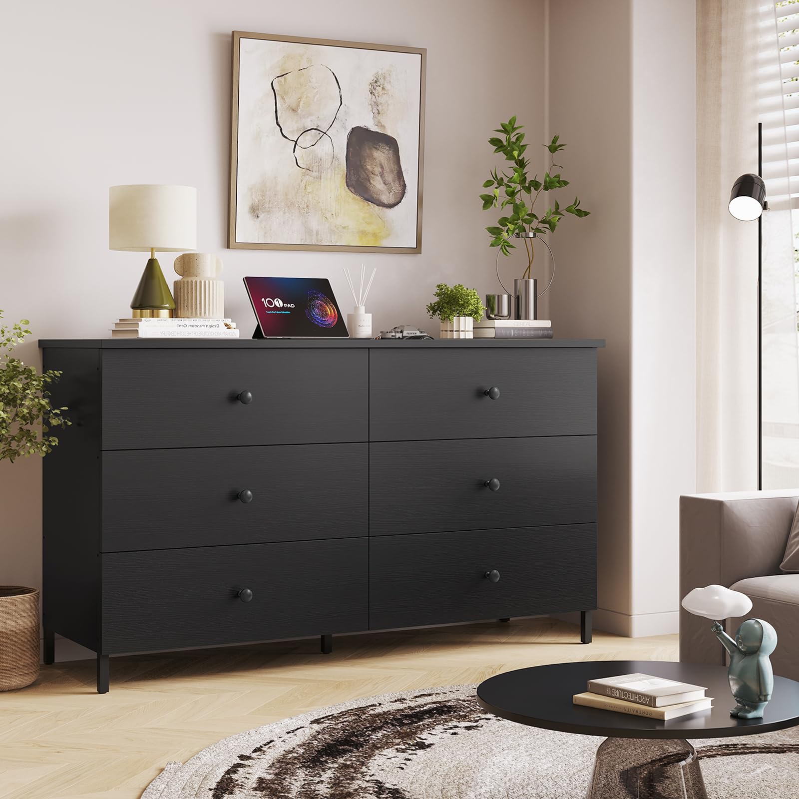 Hasuit 6-Drawer Double Dresser - Solid Wood Chest with Heavy Duty Steel Frame - Large Capacity Storage Organizer for Bedroom, Living Room & Entryway - Perfect for Clothes, Linens, and Home Organization