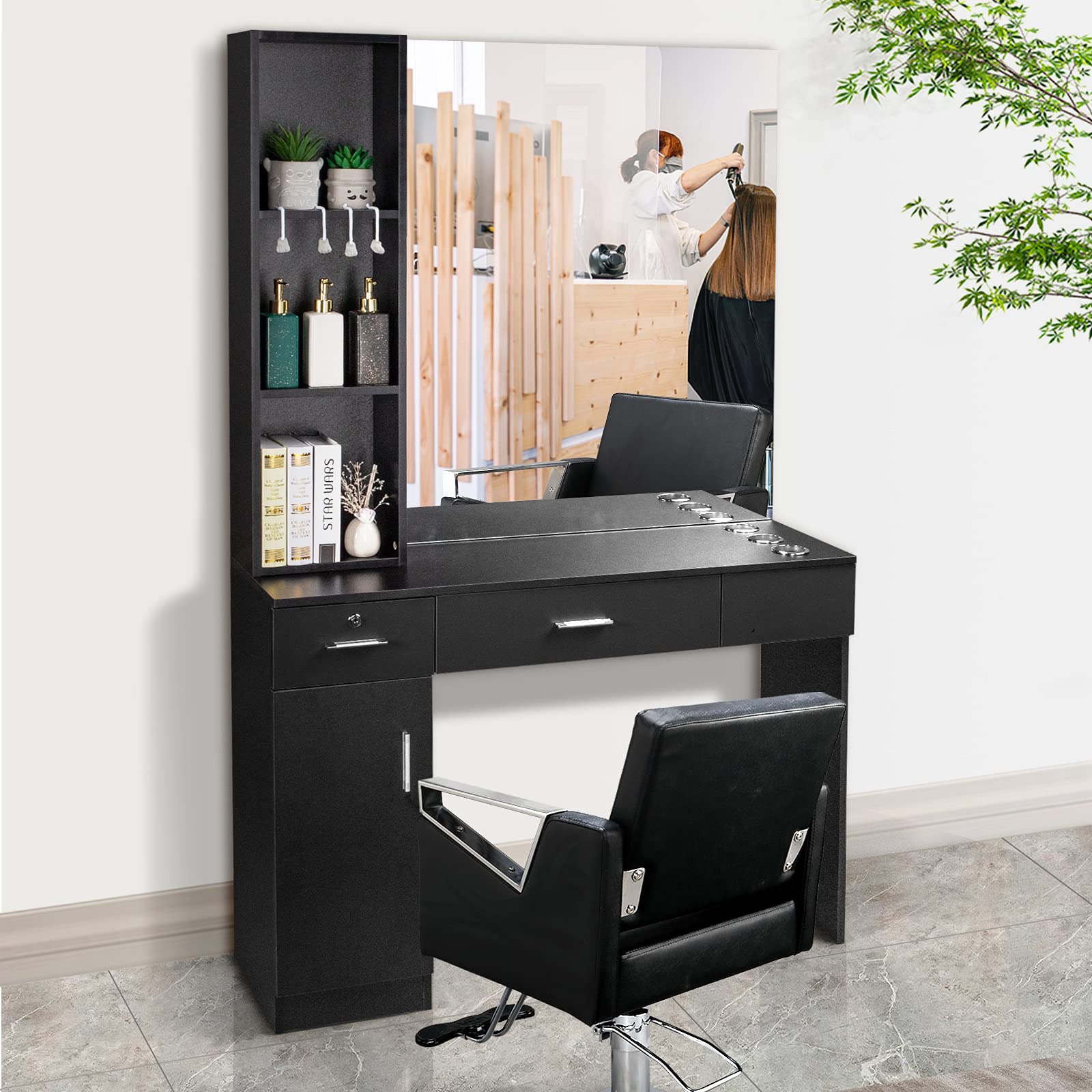 **Mefeir Wall Mount Hair Styling Barber Station with Support Leg & Mirror – Professional Hair Salon Equipment & Spa Furniture Set (Black) – Perfect for Salons, Barbershops & Home Styling**