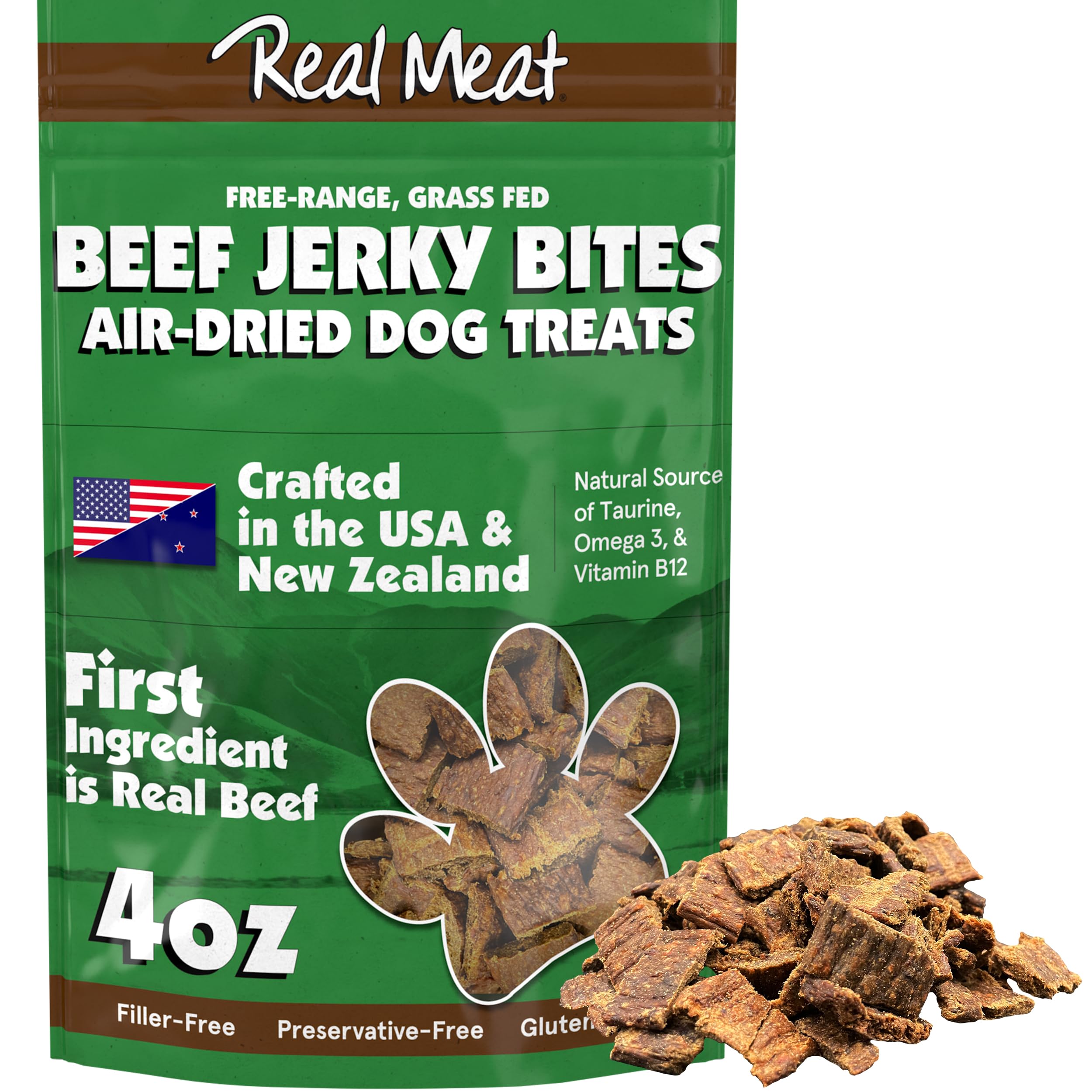 Premium Grain-Free Air-Dried Beef Jerky Dog Treats - 4oz Bag of All-Natural, High Protein Dog Snacks - 95% Human-Grade Grass-Fed Free-Range Beef - Perfect for Training, Rewards & Outdoor Adventures