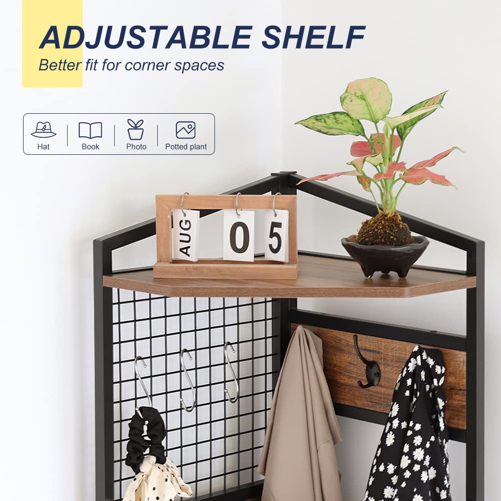 Corner Hall Tree with Coat Rack, Shoe Storage & Shelf - Freestanding Entryway Organizer for Home & Office (Brown) | Perfect for Small Spaces, Apartments & Mudrooms