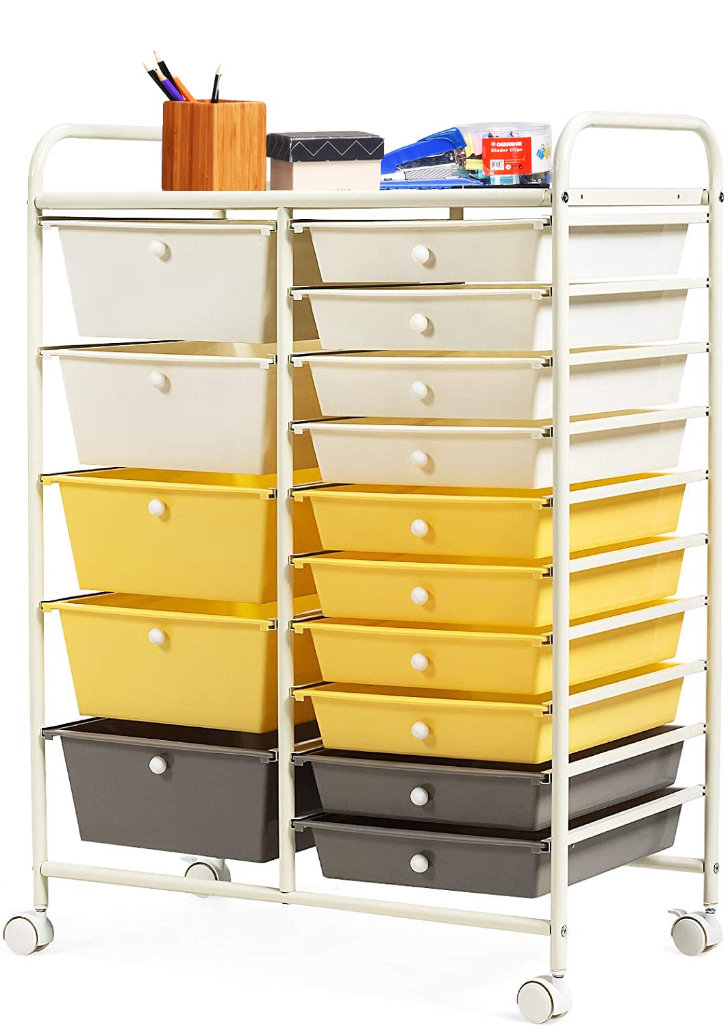 HAPPYGRILL 15-Drawer Rolling Storage Cart with Wheels - Mobile Organizer for Tools, Office Supplies, School & Craft Room - Perfect for Home, Office & Classroom Organization