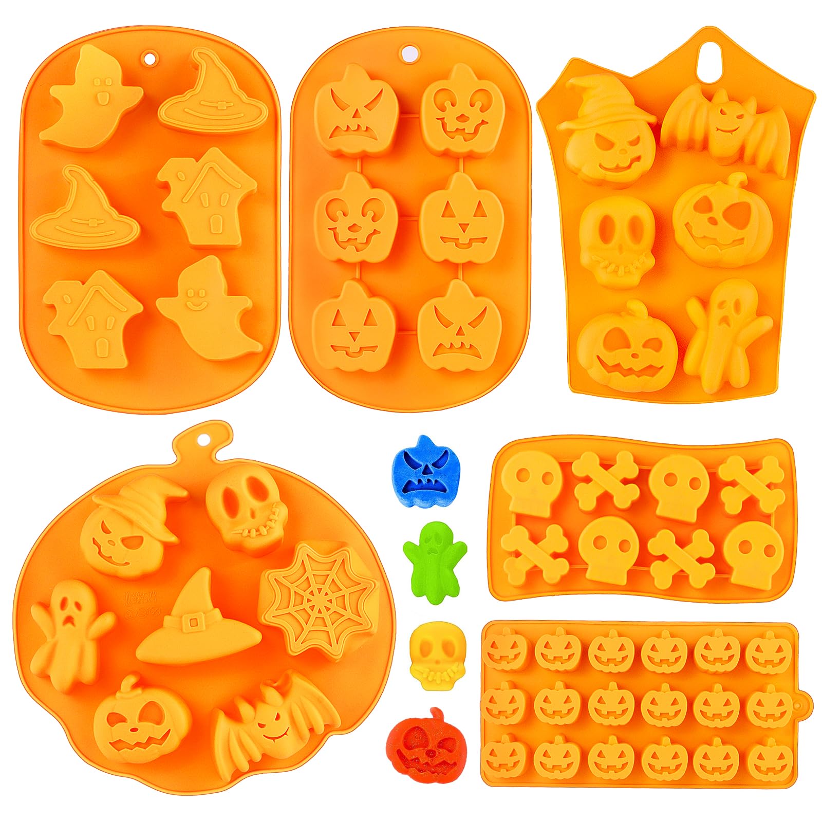 WhiteRhino Halloween Silicone Molds Set - 6-Piece Ghost Pumpkin Bat Hat Chocolate Candy Cake Baking Cookie Molds for DIY Crafts, Cupcake Decor, Soap & Jelly Making - Perfect for Halloween Party Decorations & Baking Gifts