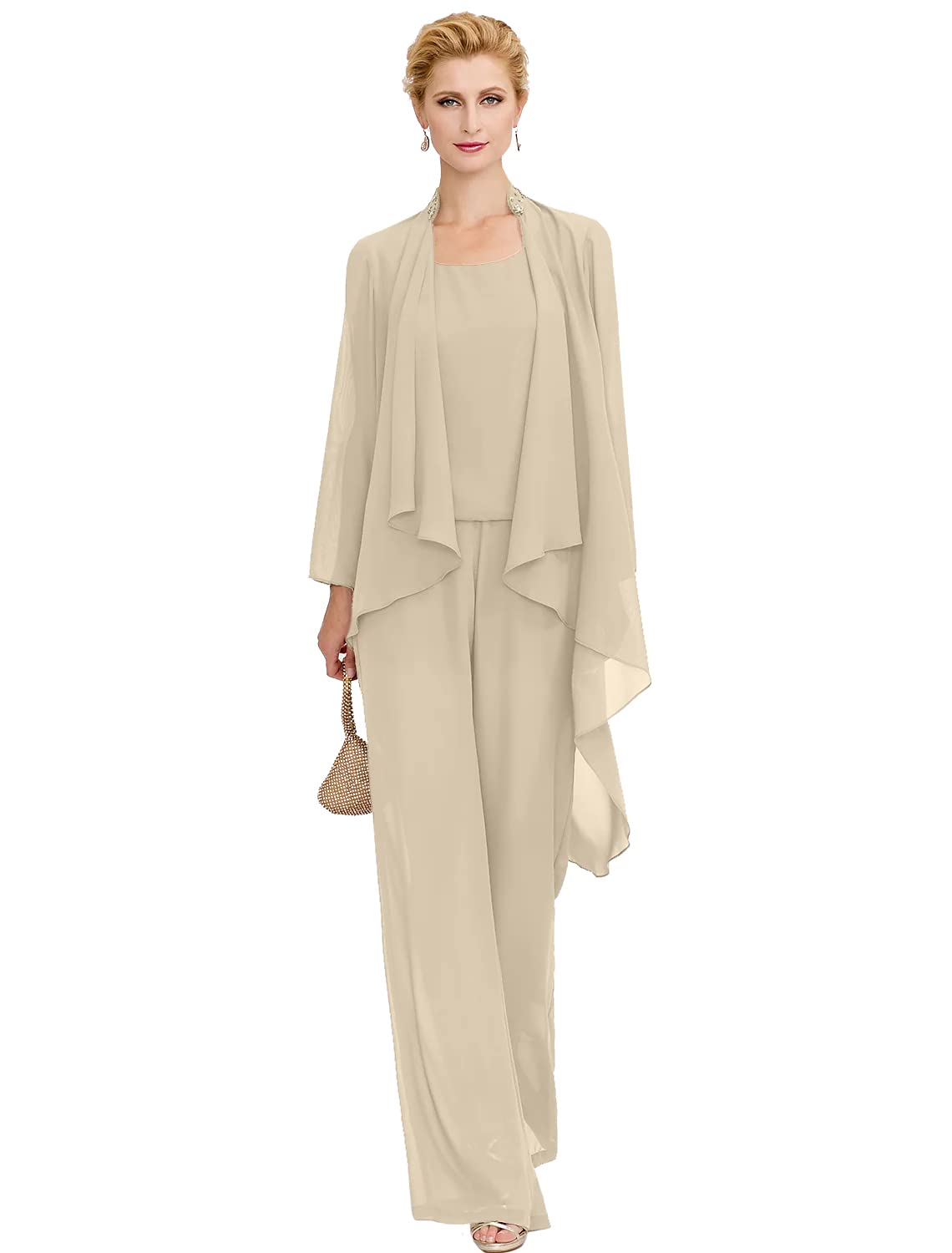 Elegant Beaded Chiffon Mother of the Bride Dress Pant Suit 3-Piece Set with Jacket - Formal Wedding Guest Outfit for Women - Perfect for Weddings, Receptions & Special Occasions