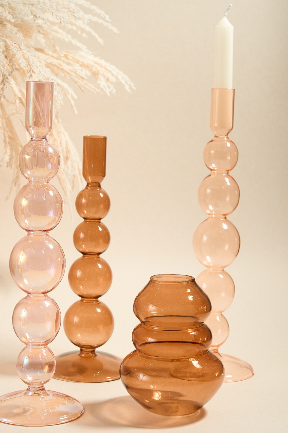 Five Bubble Peach 30cm Glass Taper Candle Holder - Elegant Home Decor for Weddings, Dining Tables & Romantic Ambiance