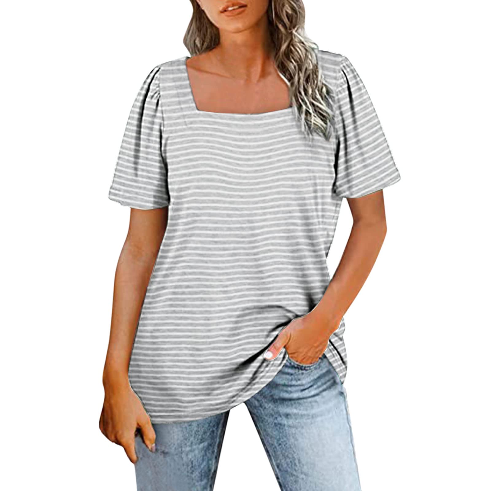 Women's Casual Striped T-Shirt - Loose Fit Puff Short Sleeve Blouse with Rectangular Neckline | Perfect for Summer Outfits, Beach Wear & Everyday Comfort