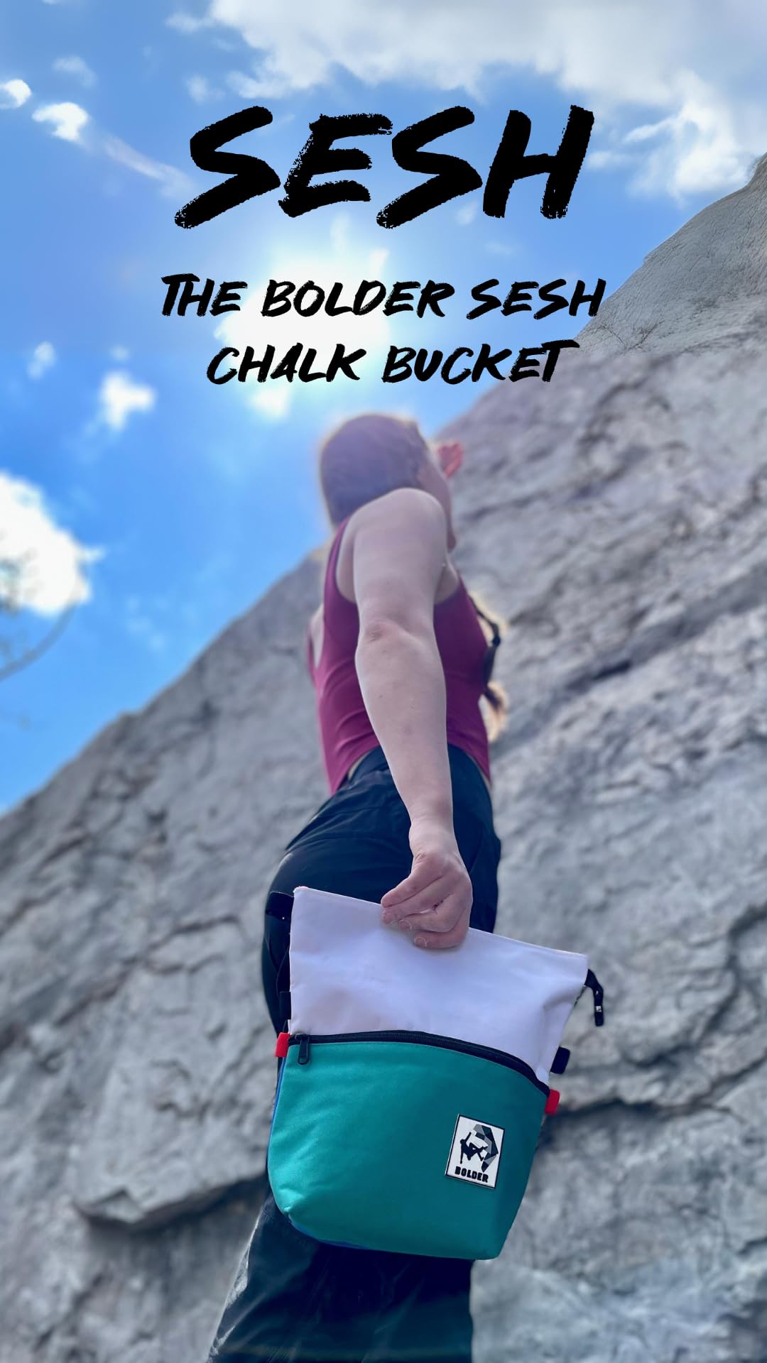 SESH Large Chalk Bucket for Rock Climbing & Bouldering - Magnetic Closure, 4 Brush Holders, 2 Mesh Side Pockets - Durable Chalk Bag for Indoor/Outdoor Climbing Gyms & Training