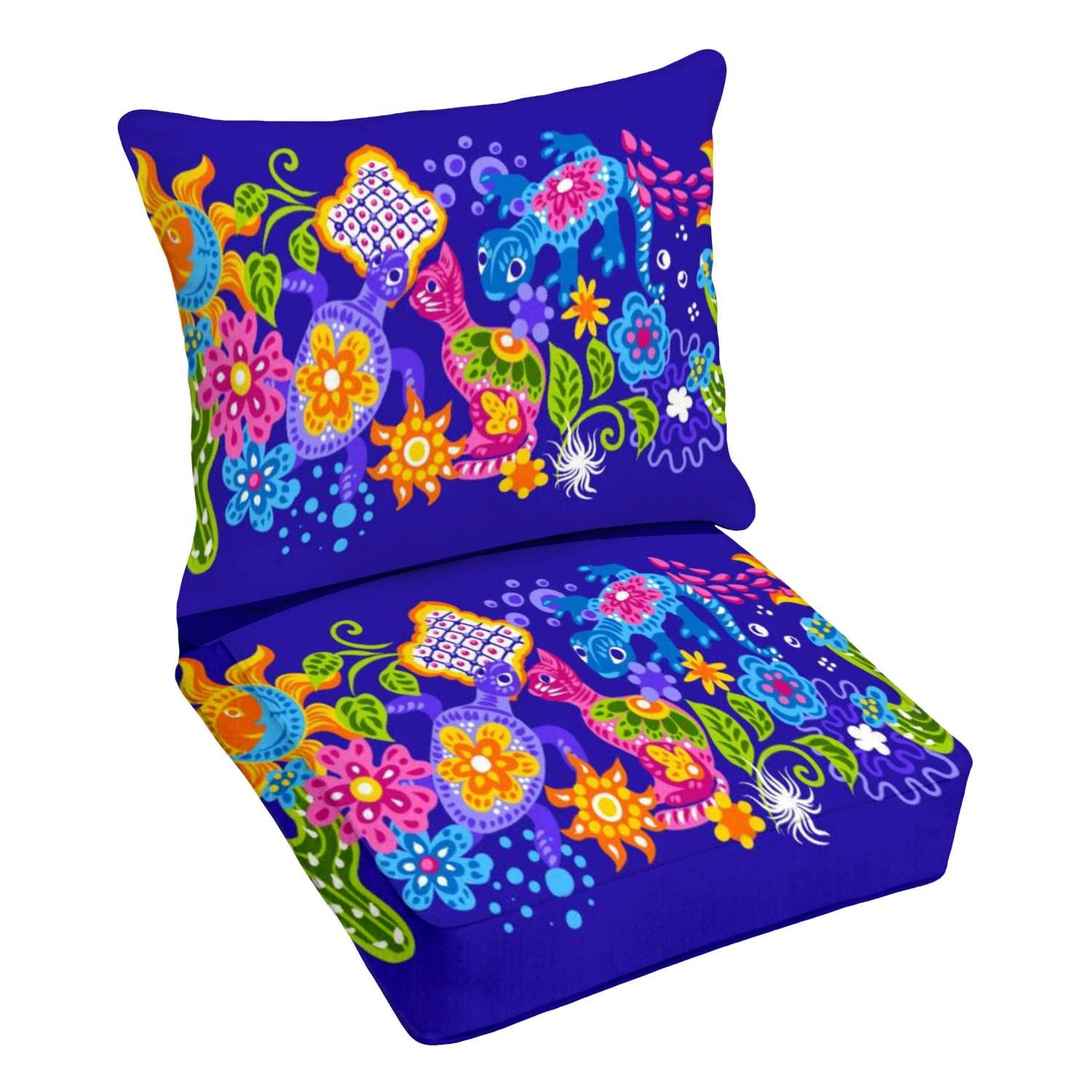Premium Mexican Outdoor Deep Seating Cushion Set with Charming Naive Art - Waterproof Patio Furniture Replacement Cushions for Lounge Chairs, Sofas & Deep Seating (Set of 2) - Perfect for Backyard, Poolside & Patio Relaxation