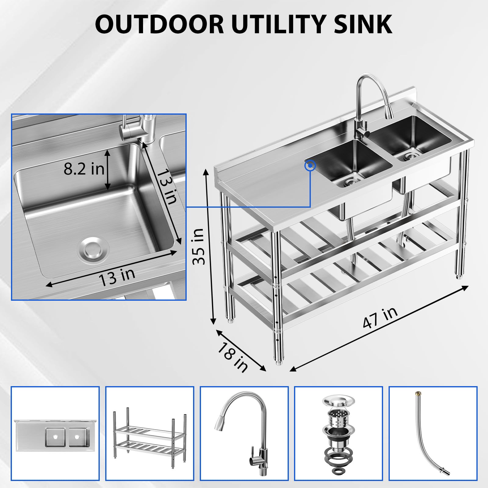 47in Stainless Steel Double Bowl Laundry Sink - Heavy Duty Freestanding Commercial Kitchen Sink Set for Restaurant, Bar, Garage & Backyard | Durable Utility Sink for Washing Clothes, Food Prep & Outdoor Cleaning