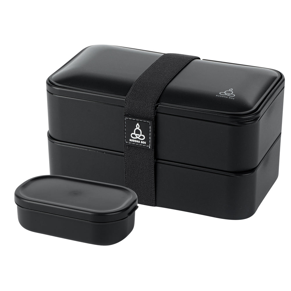 Bento Tek 41 oz Black Buddha Box - All-in-One Lunch Container with Utensils & Sauce Cup (7.25