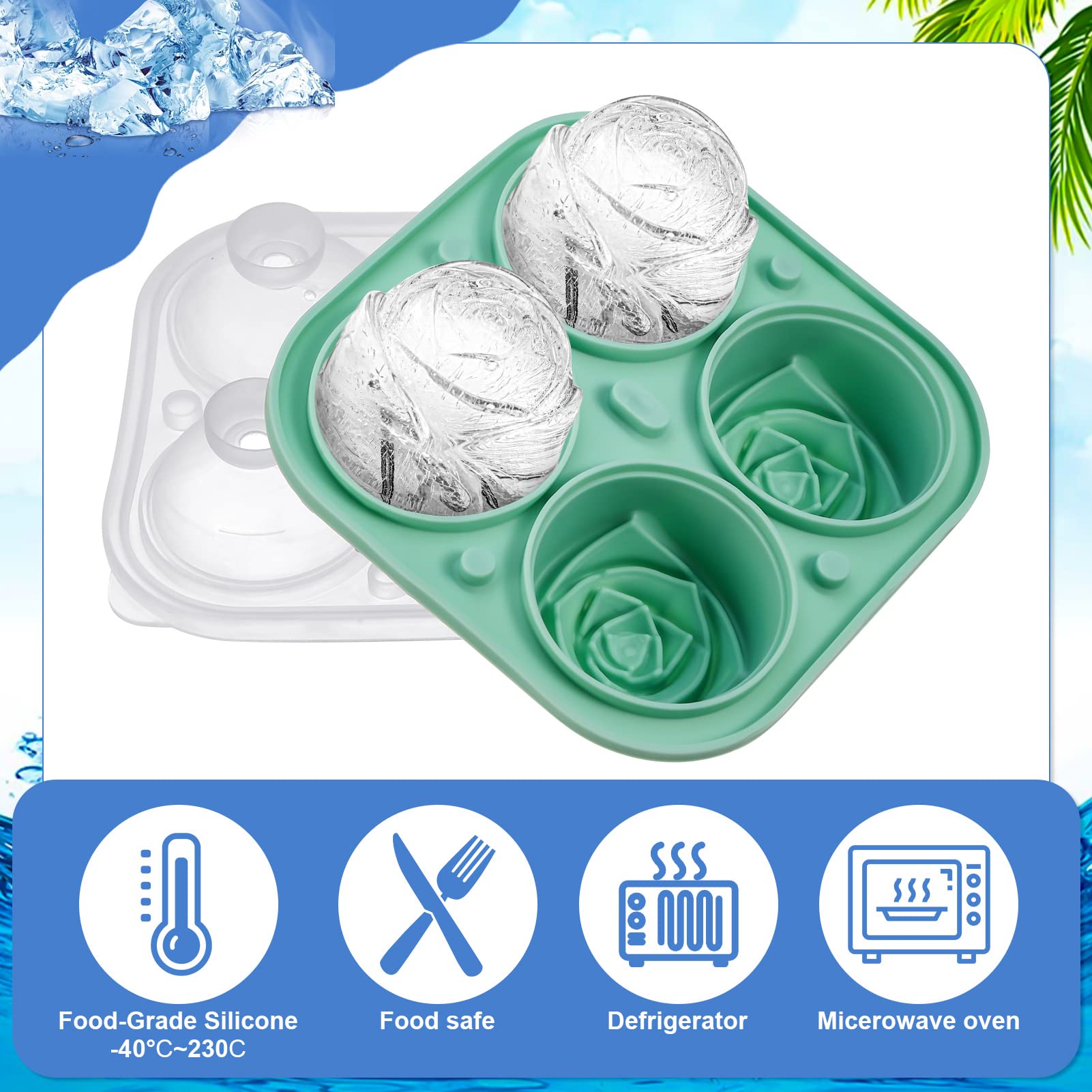 BOWINR 3D Rose Ice Cube Tray - 2.5 Inch Silicone Ice Ball Molds for Whiskey & Cocktails | Easy Release Freezer Safe Ice Maker | Perfect for Summer Parties, Homemade Chilled Drinks & Entertaining | Dishwasher Safe