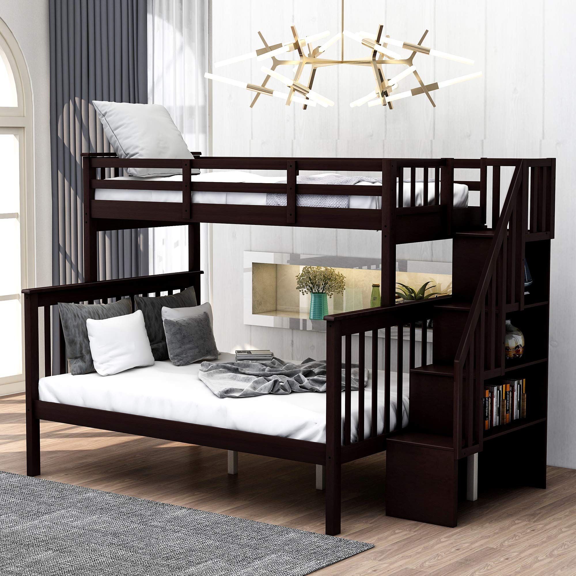 Twin Over Full Bunk Bed with Stairway & Guard Rail - Solid Wood Bunk Bed Frame with Storage Shelves - Converts to Separate Twin & Full Beds (Espresso Finish) - Perfect for Kids Bedroom, College Dorm, Space-Saving Guest Room & Small Apartments