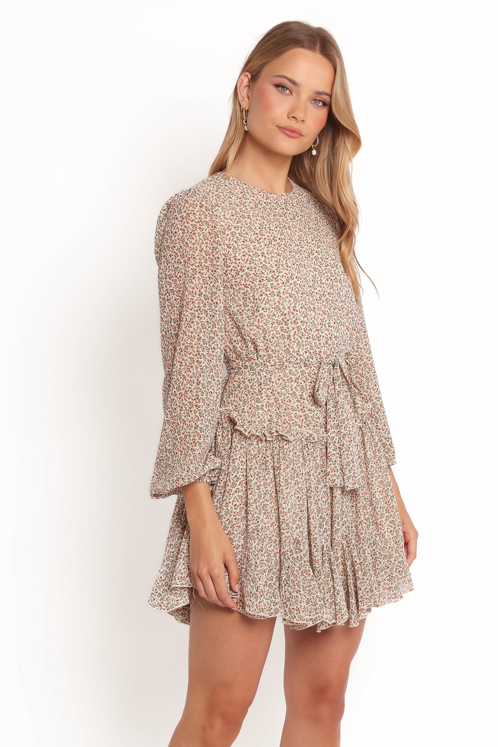 Jennie Long Sleeve Mini Dress - Cream & Multi Color Floral Print Women's Party Dress for Cocktail, Wedding & Date Night Outfits
