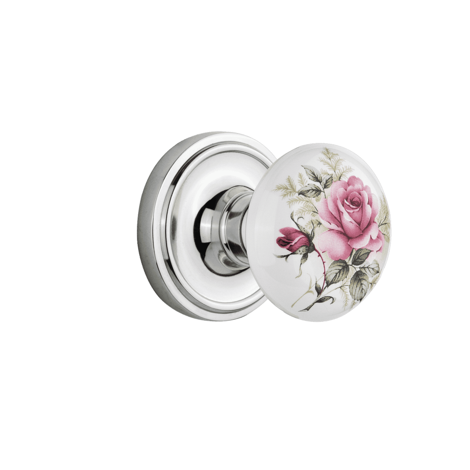 Vintage White Rose Porcelain Cabinet Knob with Chrome Finish - Elegant Hardware for Kitchen Cabinets, Dressers & Home Decor