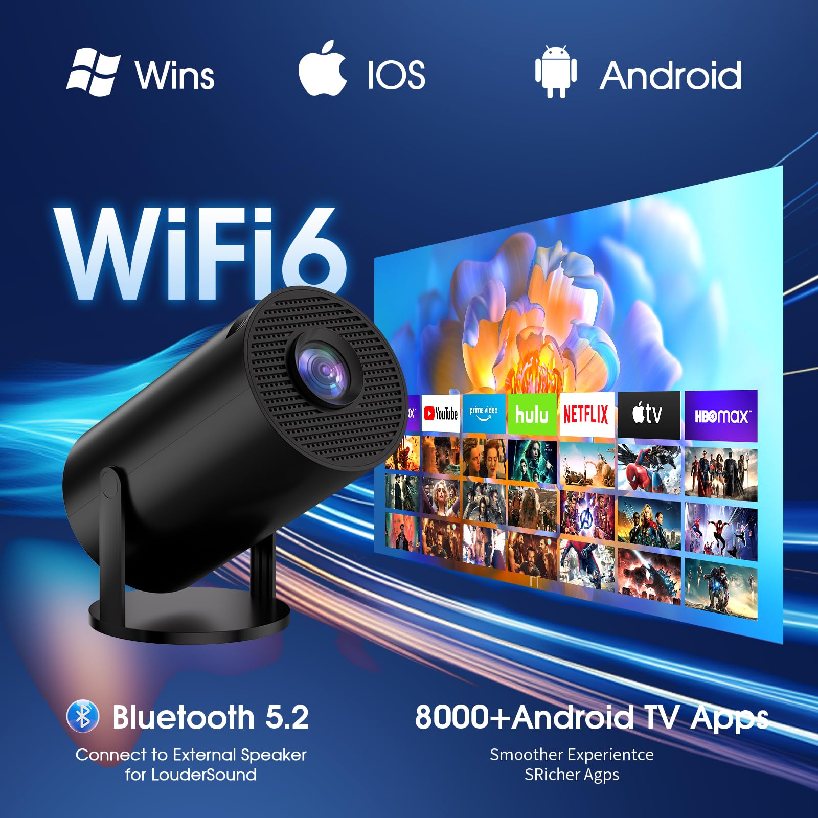 4K Mini Projector with WiFi & Bluetooth - 1080P FHD Portable Movie Projector for Home Theater, HDMI/USB/PS5/Laptop Compatible - Built-in Apps, 180° Adjustable Keystone, Includes HDMI Cable & Mouse (Black) - Perfect for Movie Nights, Gaming & Office Presentations