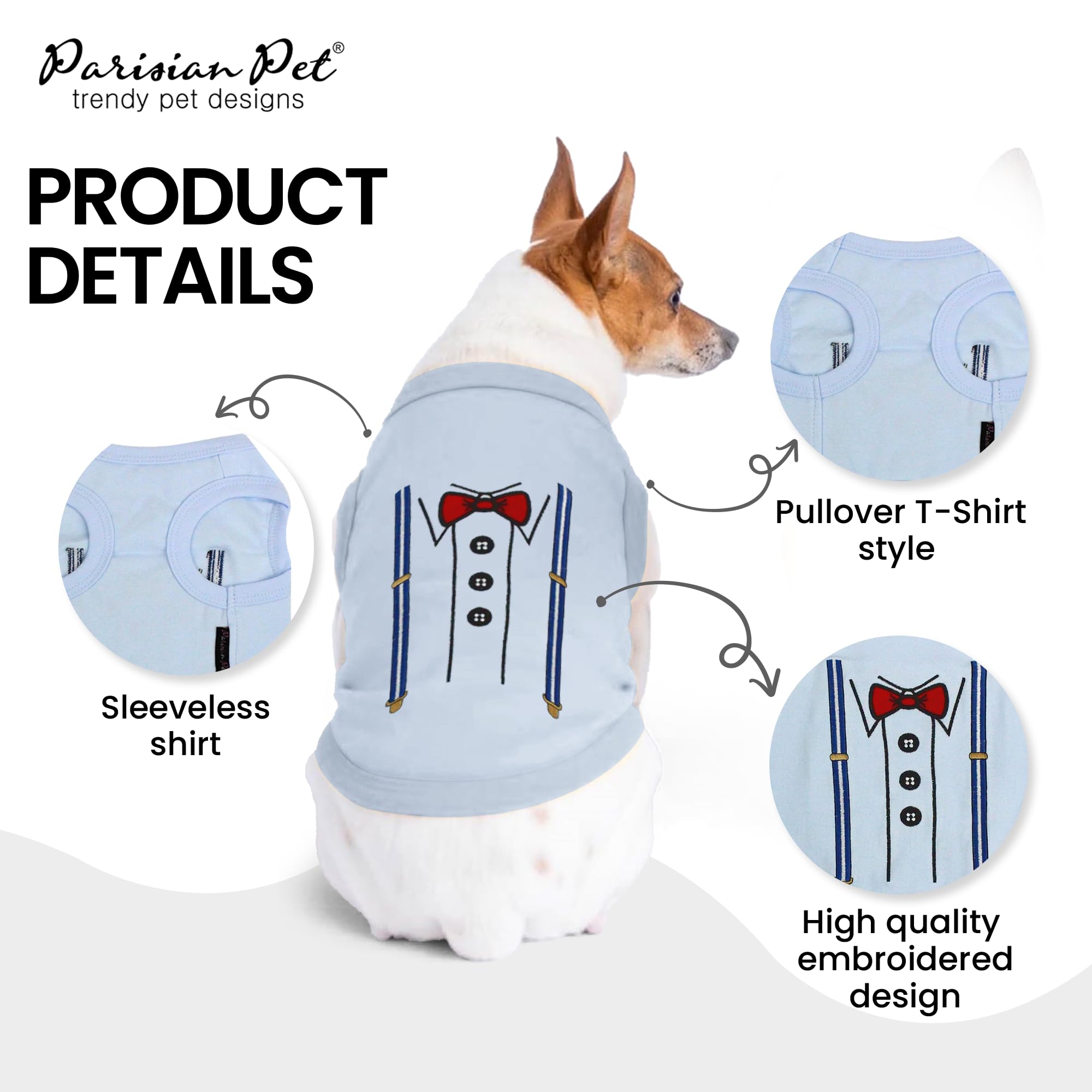 Parisian Pet Dog T-Shirt - Stylish Suspender Dog Tuxedo Shirt | Breathable & Lightweight Sleeveless Tee for Medium Dogs | Machine Washable Puppy Clothes | Perfect for Weddings, Parties & Photo Shoots