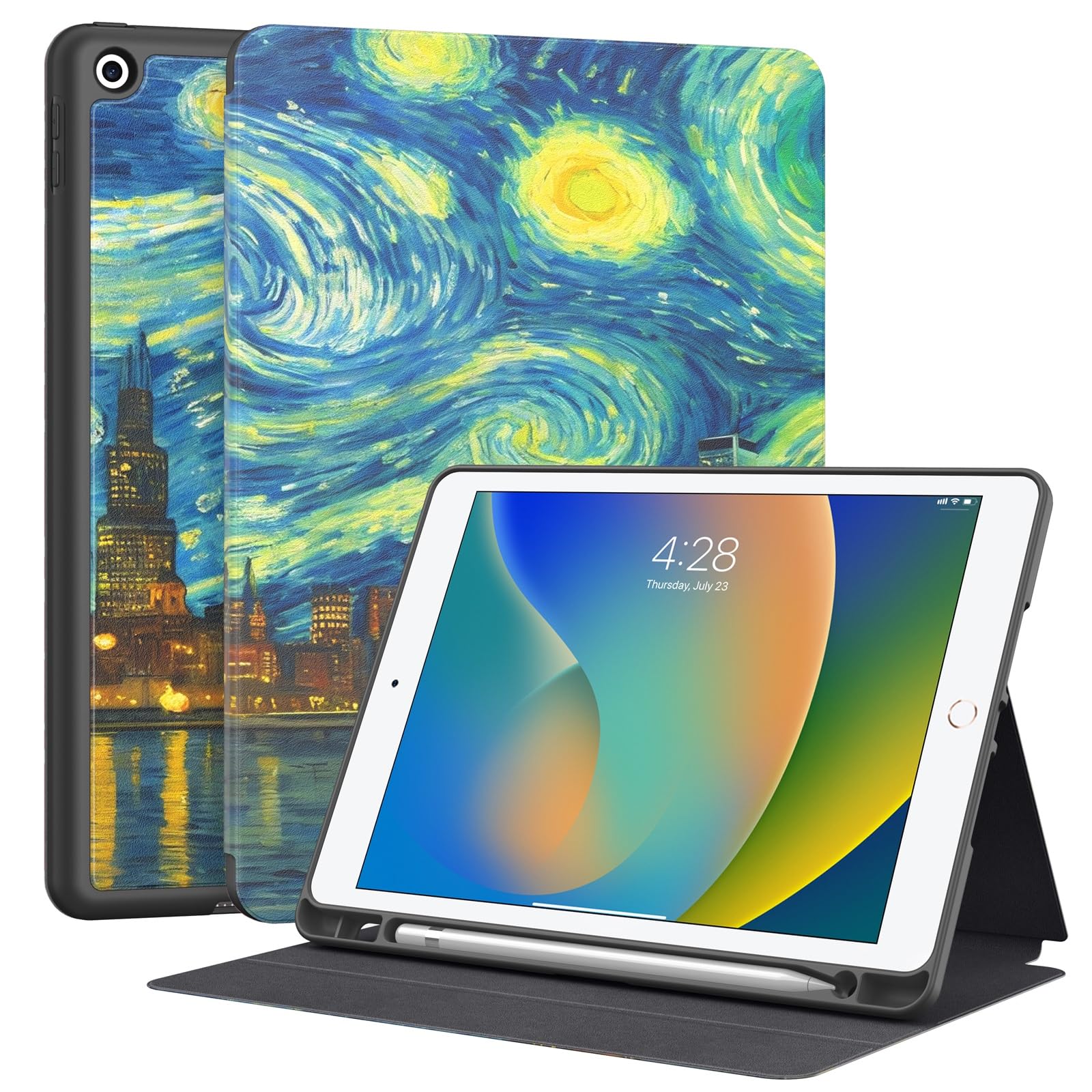 Supveco Premium Folio Stand Case for iPad 9th/8th/7th Generation 10.2 Inch (2021/2020/2019 Model) - Auto Wake/Sleep, Pencil Holder & Soft TPU Back Cover - Perfect for Work, School & Travel - Star City Design