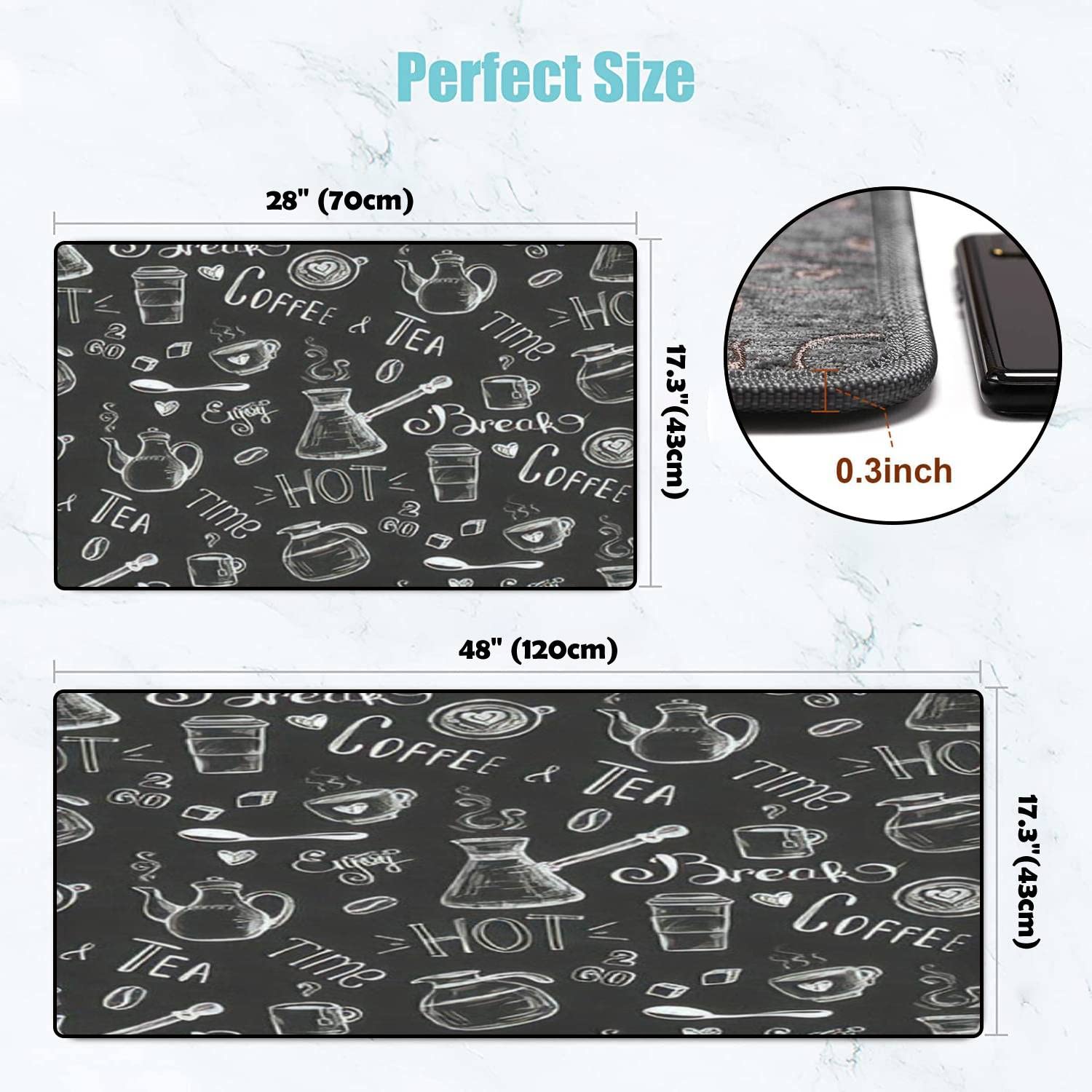 Non-Slip Kitchen Rugs Set - Washable Coffee Tea Doodle Mats for Floor Decor