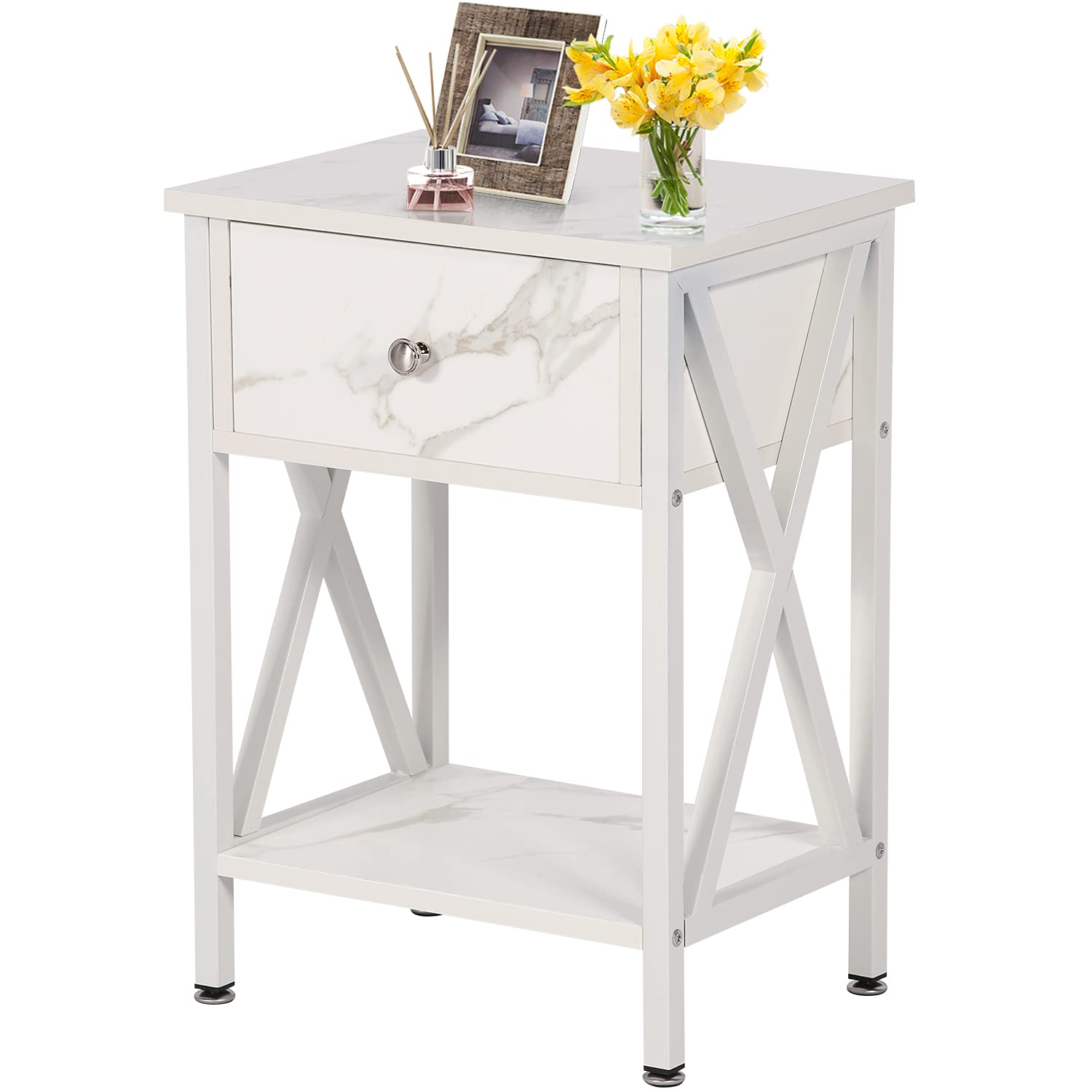 VECELO Modern Nightstand with Storage Drawer - X-Design End Table with Shelf for Bedroom & Living Room - Marble White Finish - Perfect for Small Spaces & Apartment Decor
