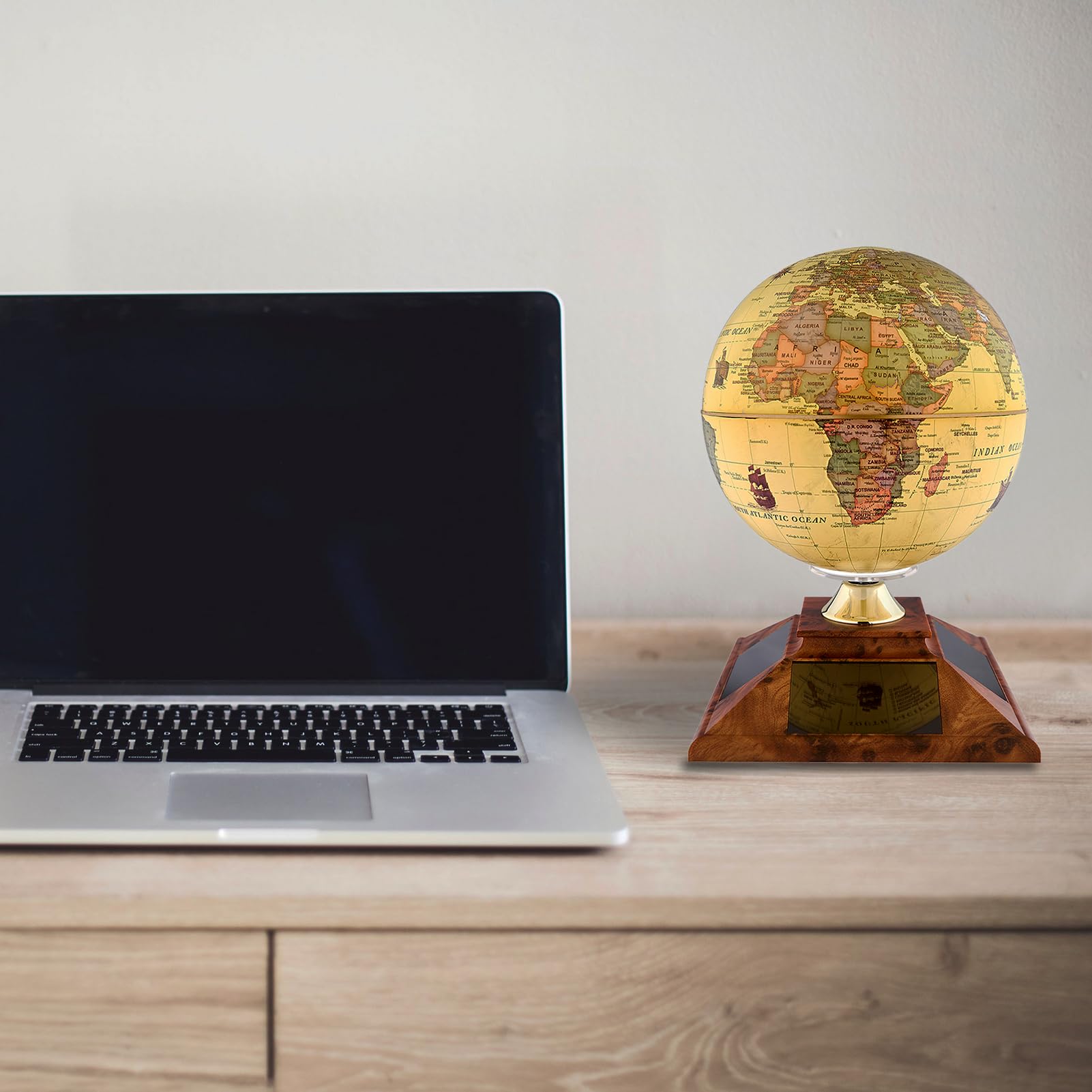 5.5 Inch Solar Powered Rotating World Globe - Educational Geographic Desktop Decor with Stand | No Batteries or Wires Needed | Perfect for Home Office, Classroom & Gift Giving (Beige)