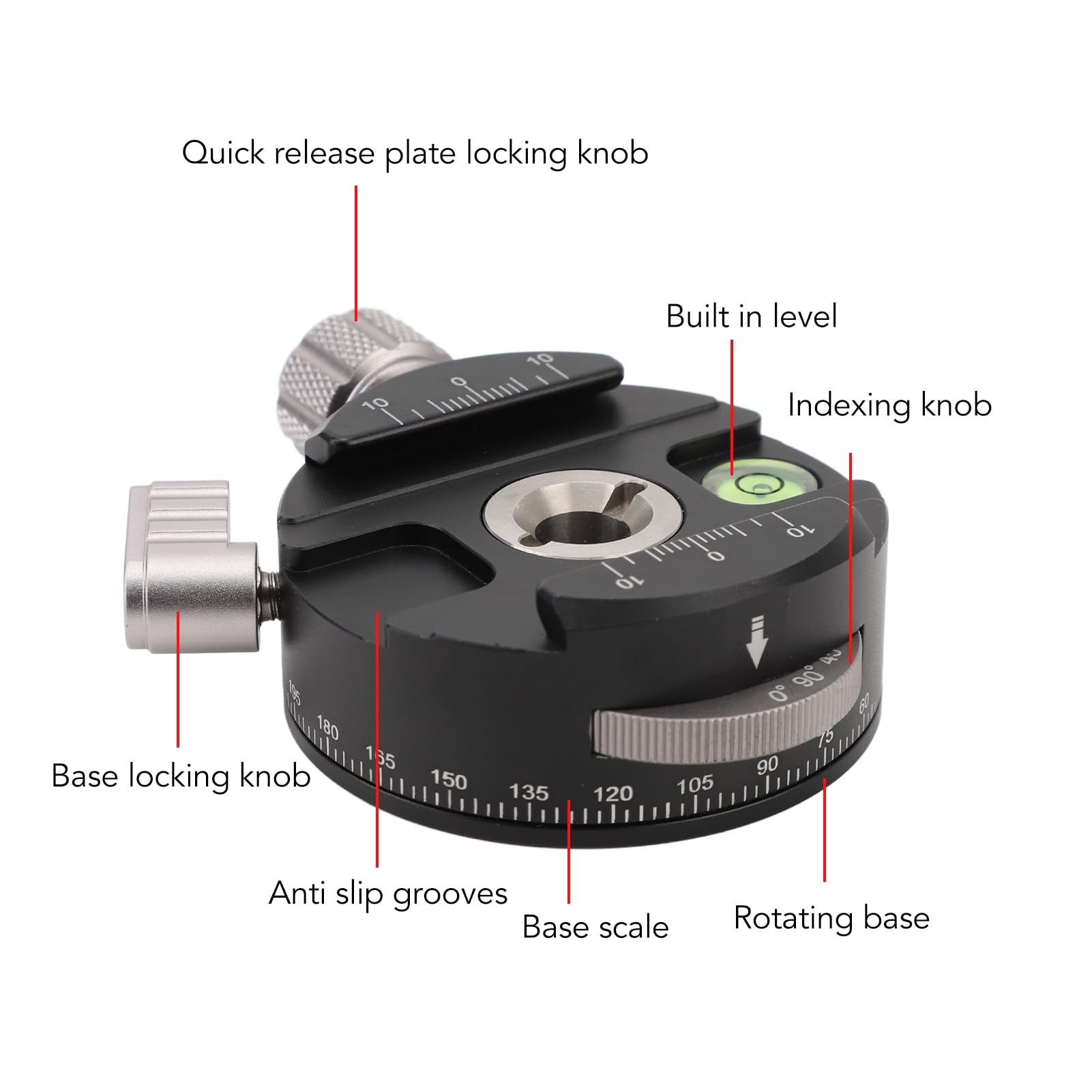 Aluminum Alloy Panoramic Tripod Head for DSLR Cameras - 360° Rotation with 5 Angle Options, 3/8
