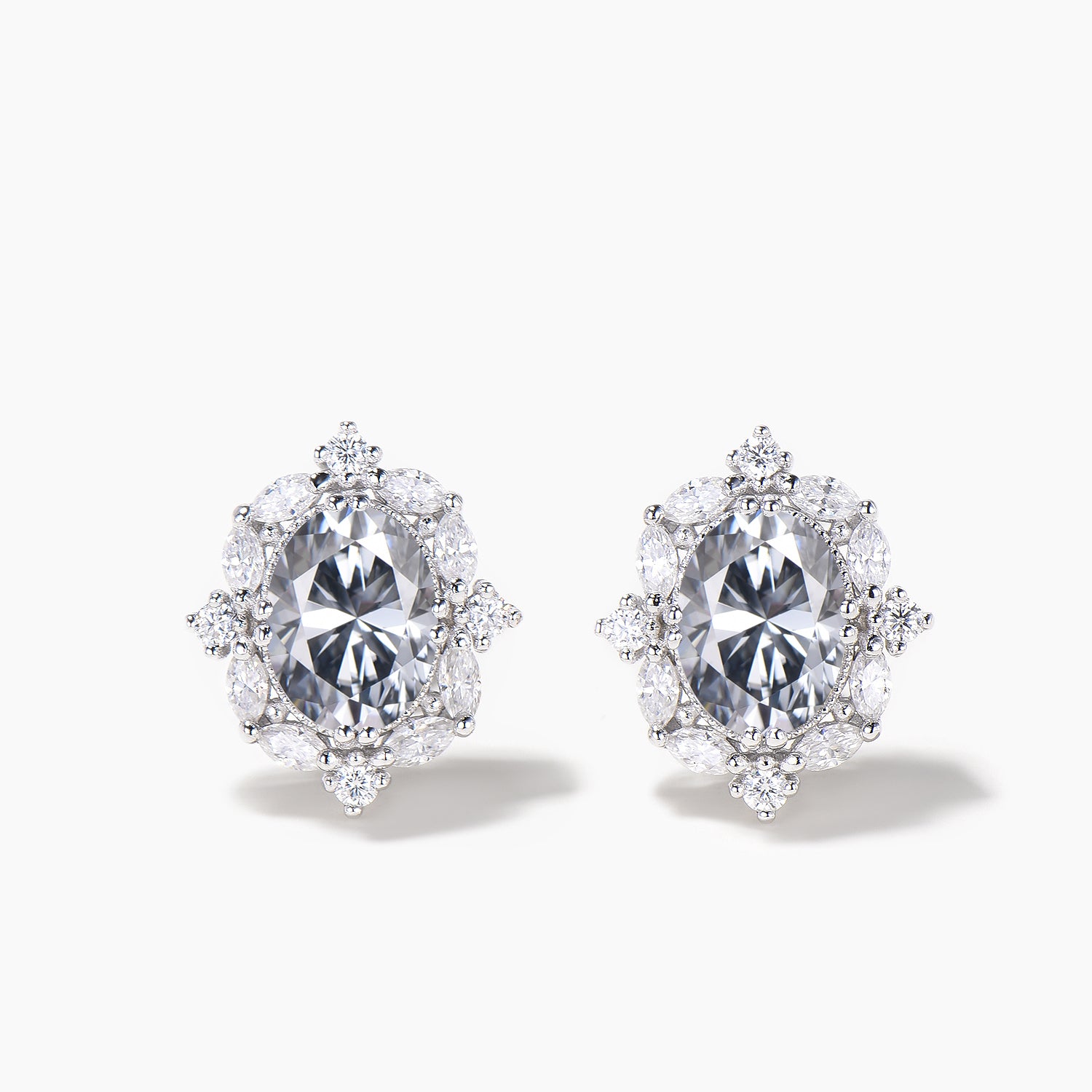 Oval Cut Moissanite Stud Earrings with Marquise Halo in 14K White Gold - Elegant Wedding, Anniversary & Gift Jewelry for Women