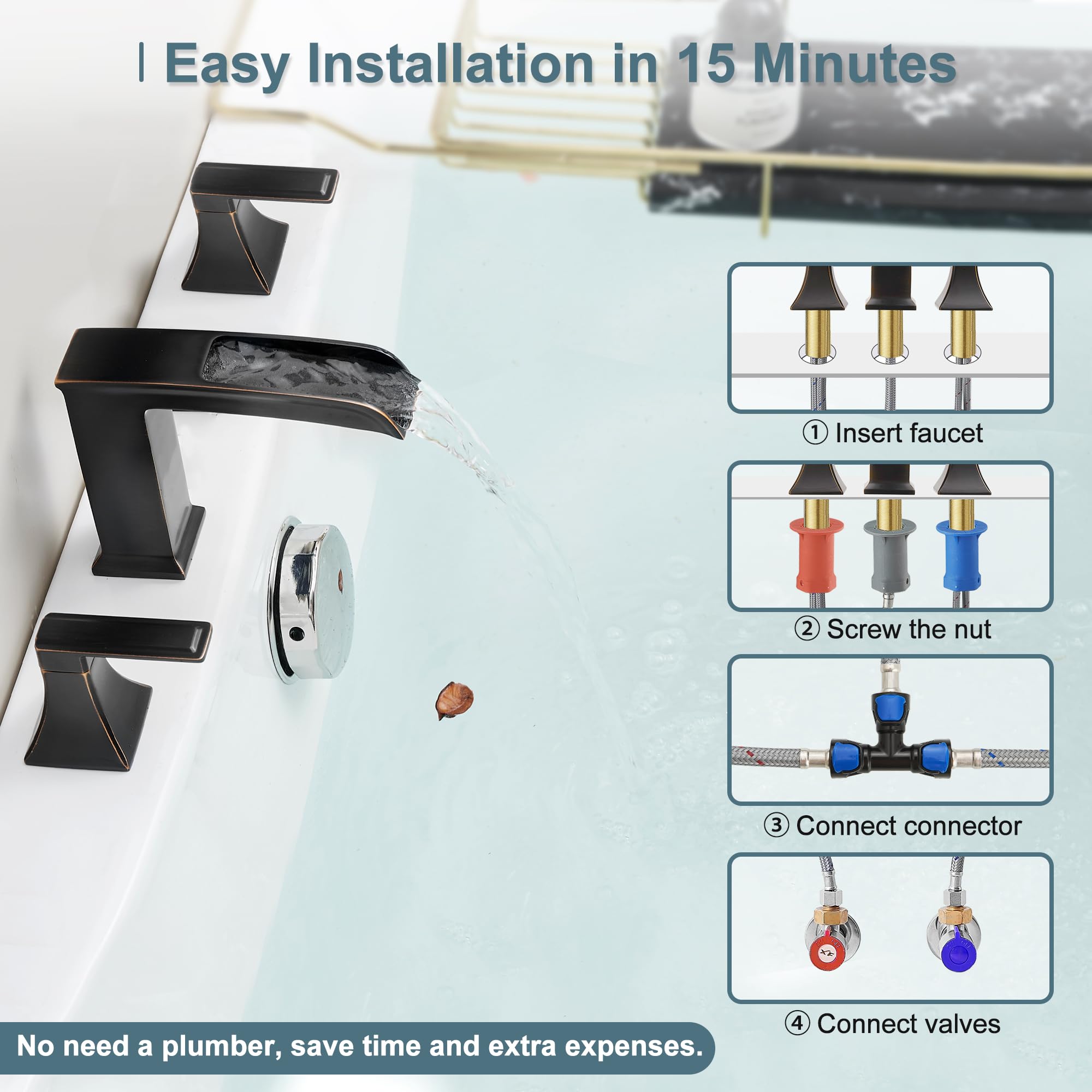Premium Solid Brass Oil Rubbed Bronze Waterfall Roman Tub Faucet - High Flow Deck Mount Bathtub Faucet Set with 2 Handles (3 Hole Widespread) - Leak-Proof & Easy 15-Minute Installation - Perfect for Luxury Bathrooms, Spa Retreats & Modern Home Decor