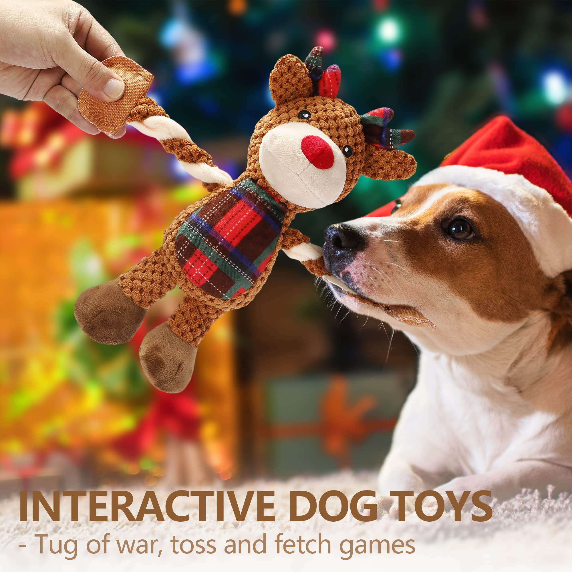 Senneny Christmas Dog Toys - Reindeer Plush Squeaky Chew Toys for Small Medium Large Dogs | Durable Interactive Pet Toy with Classic Red Green Tartan Plaid | Perfect for Holiday Playtime, Training & Gifting