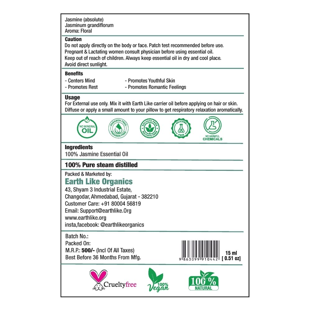 EARTH LIKE Pure Jasmine Essential Oil (15ml) - 100% Natural for Skin Care, Hair Growth, Aromatherapy, Bath & Massage - Perfect for Diffusers, Soap Making & DIY Beauty Products - Includes Dropper - Pack of 2 - Ideal for Relaxation, Spa & Home Fragrance