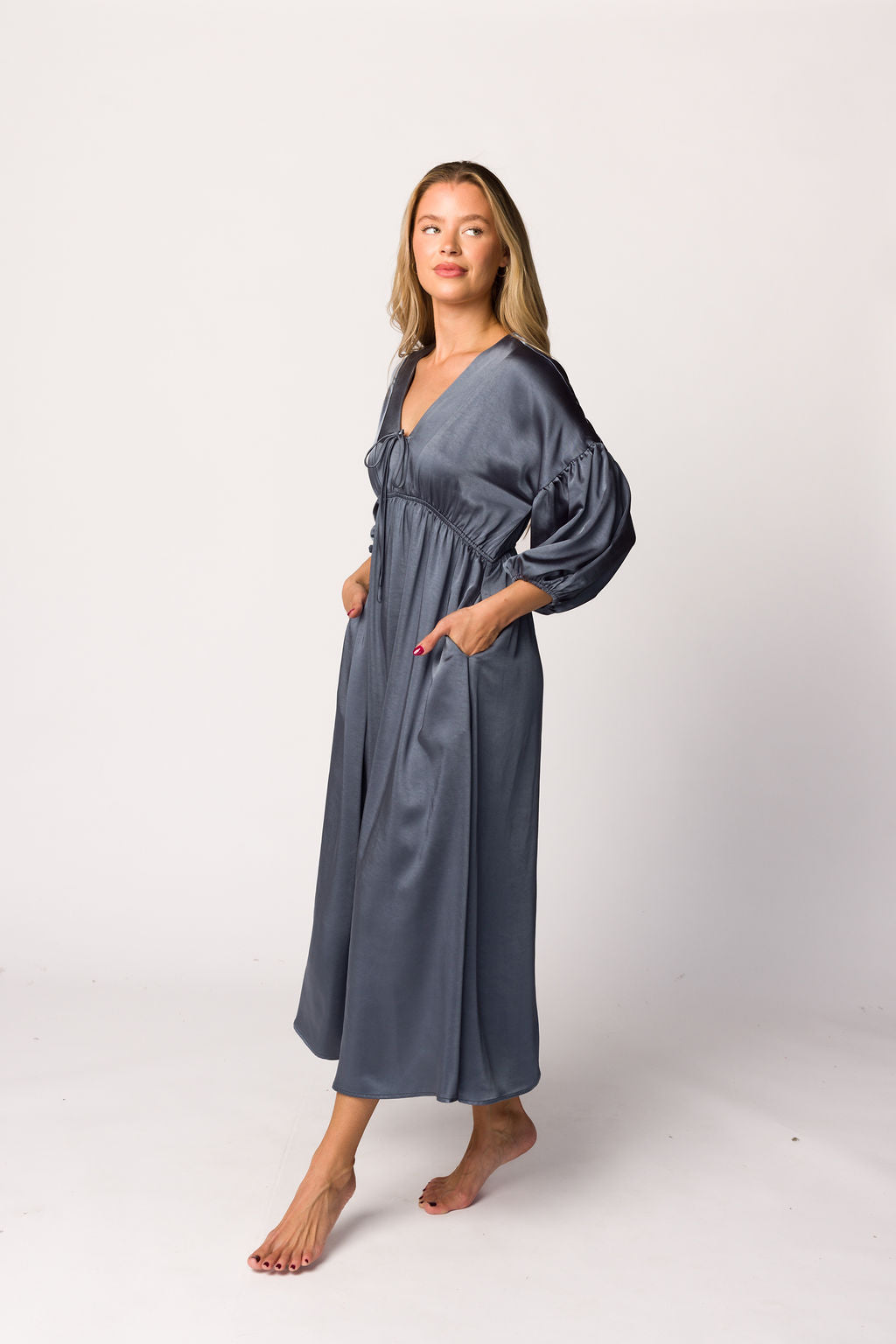 Hunter Premium Satin Midi Dress in Blue Granite - Bump Friendly Maternity Dress for Women | Elegant & Comfortable for Pregnancy, Baby Showers, Weddings & Special Occasions
