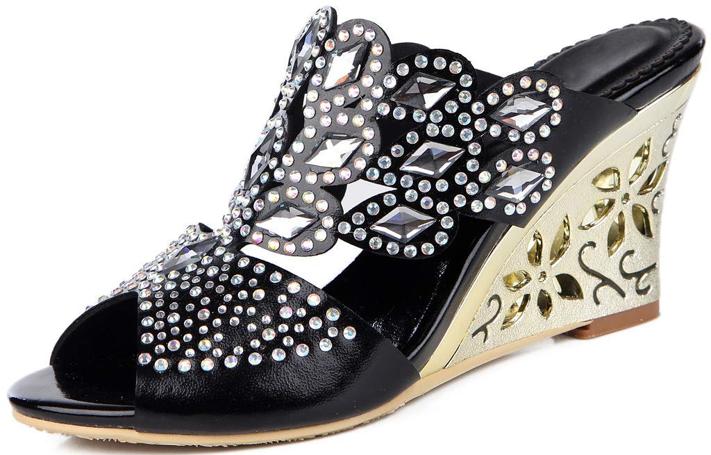 LizFoYa Women's Rhinestone Slip-On Wedge Heel Sandals - Comfortable Casual & Evening Shoes for Summer, Parties, Weddings & Date Nights