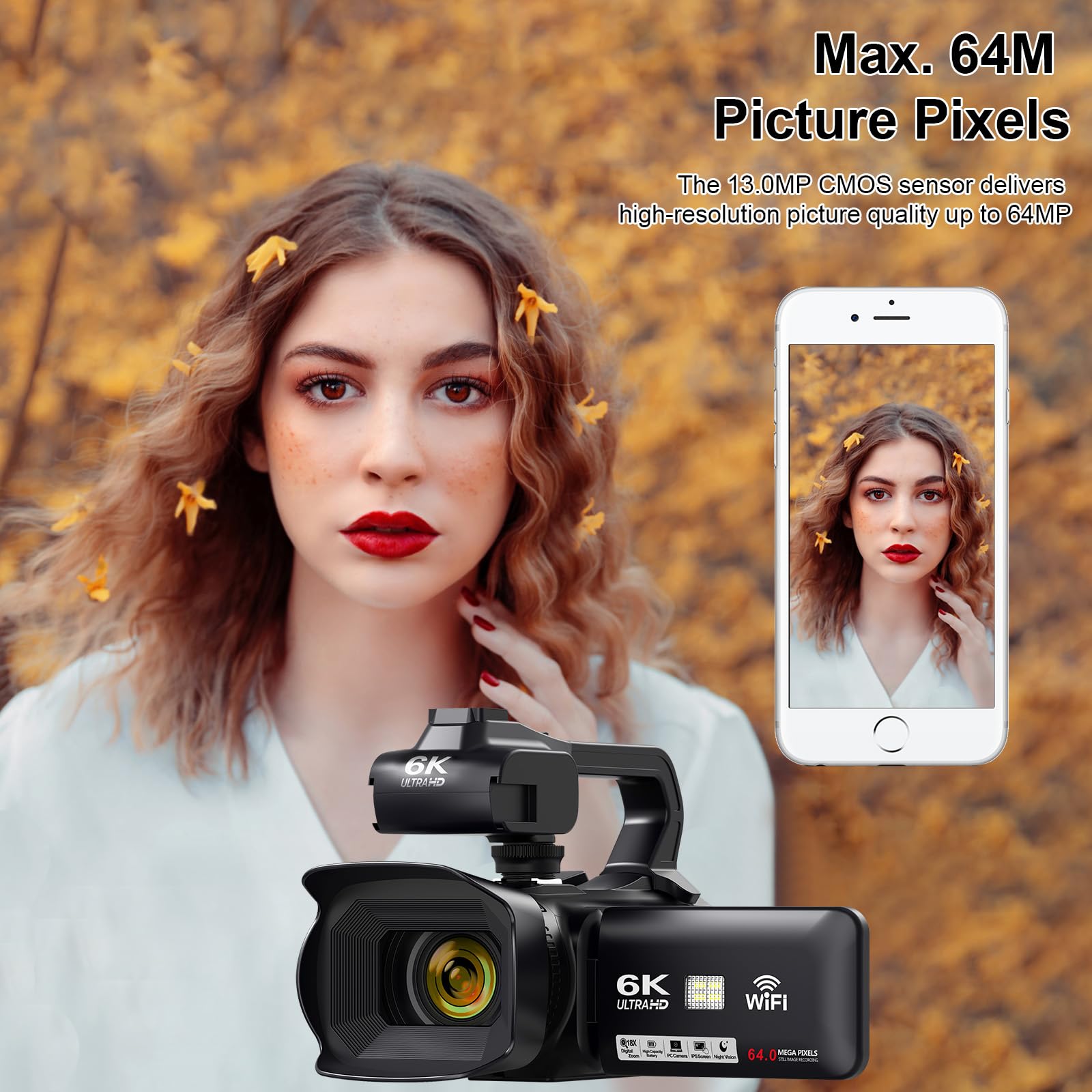 6K 64MP Digital Video Camera Camcorder with 18X Zoom, IR Night Vision & WiFi - 4.0