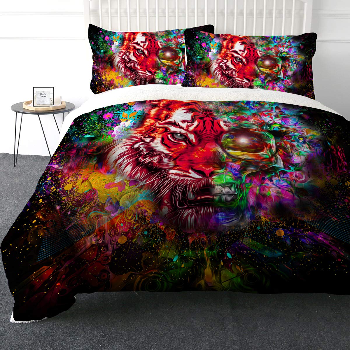 Super Soft Sherpa Comforter Set - Faux Fur Bedspread, 3D Lightweight Fuzzy Duvet Blanket with Polyester Filler, Includes 2 Pillow Shams (Rainbow Tiger, King Size) - Cozy Winter Bedding for Home, Dorm & Guest Room