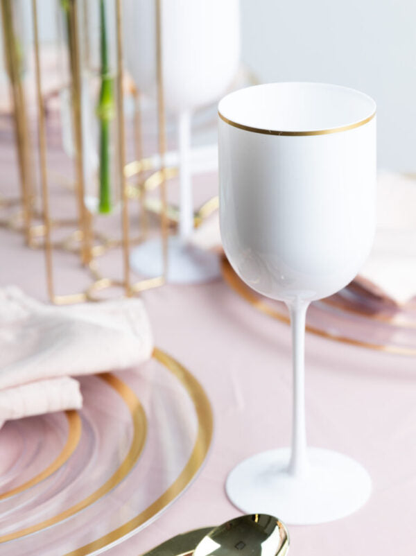 12 Oz White Plastic Wine Goblets with Gold Rim - Set of 5 - Shatterproof & Elegant for Outdoor Parties, Weddings, and Picnics
