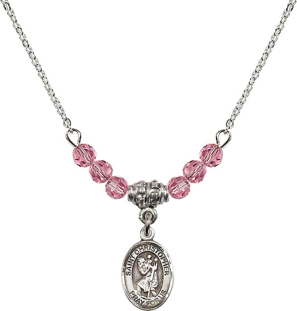 18-Inch Rhodium Plated Necklace with 4mm Rose Quartz Birthstone Beads & Saint Christopher Charm - October Birthstone Jewelry for Women, Travel Protection Gift for Motorists (Ideal for Birthdays, Anniversaries & Travel Blessings)