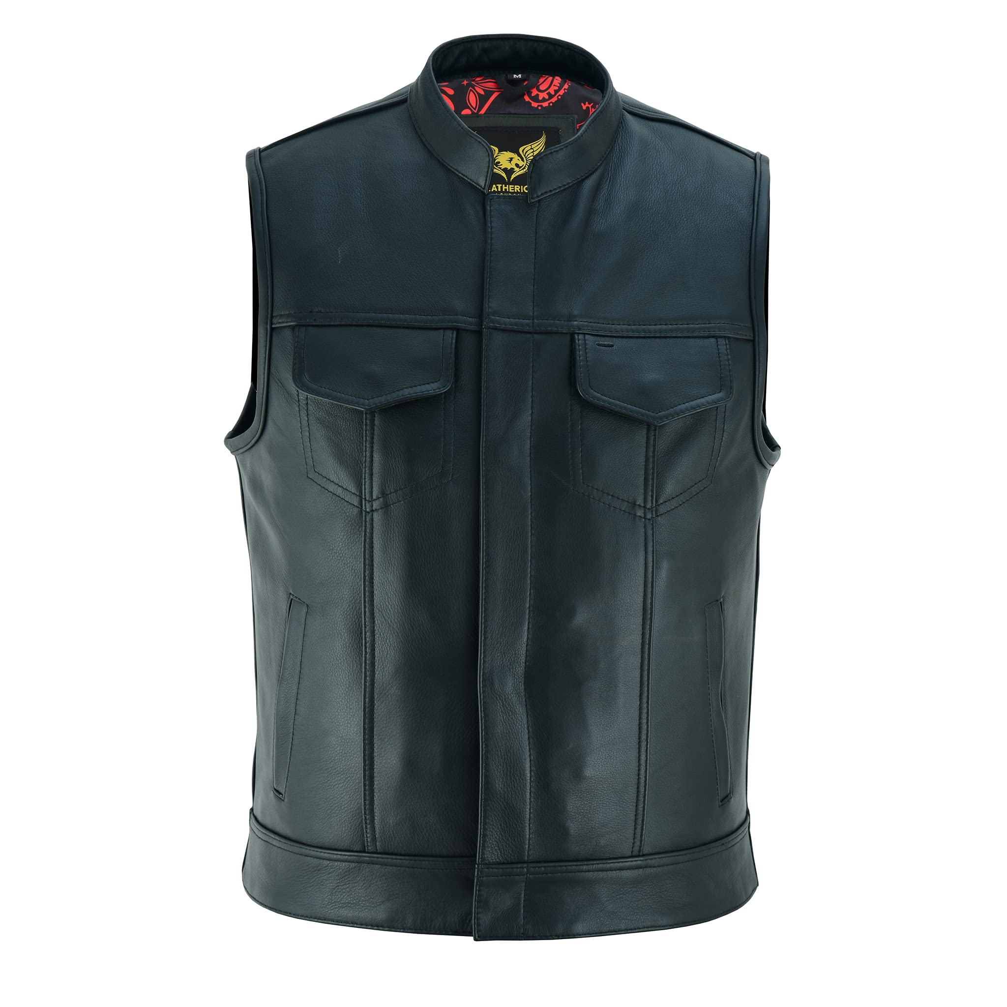 Leatherick Men's Black Motorcycle Vest - SOA Club & Traditional Paisley Satin Lined Leather Biker Jacket for Riding, Motorcycle Events & Casual Wear