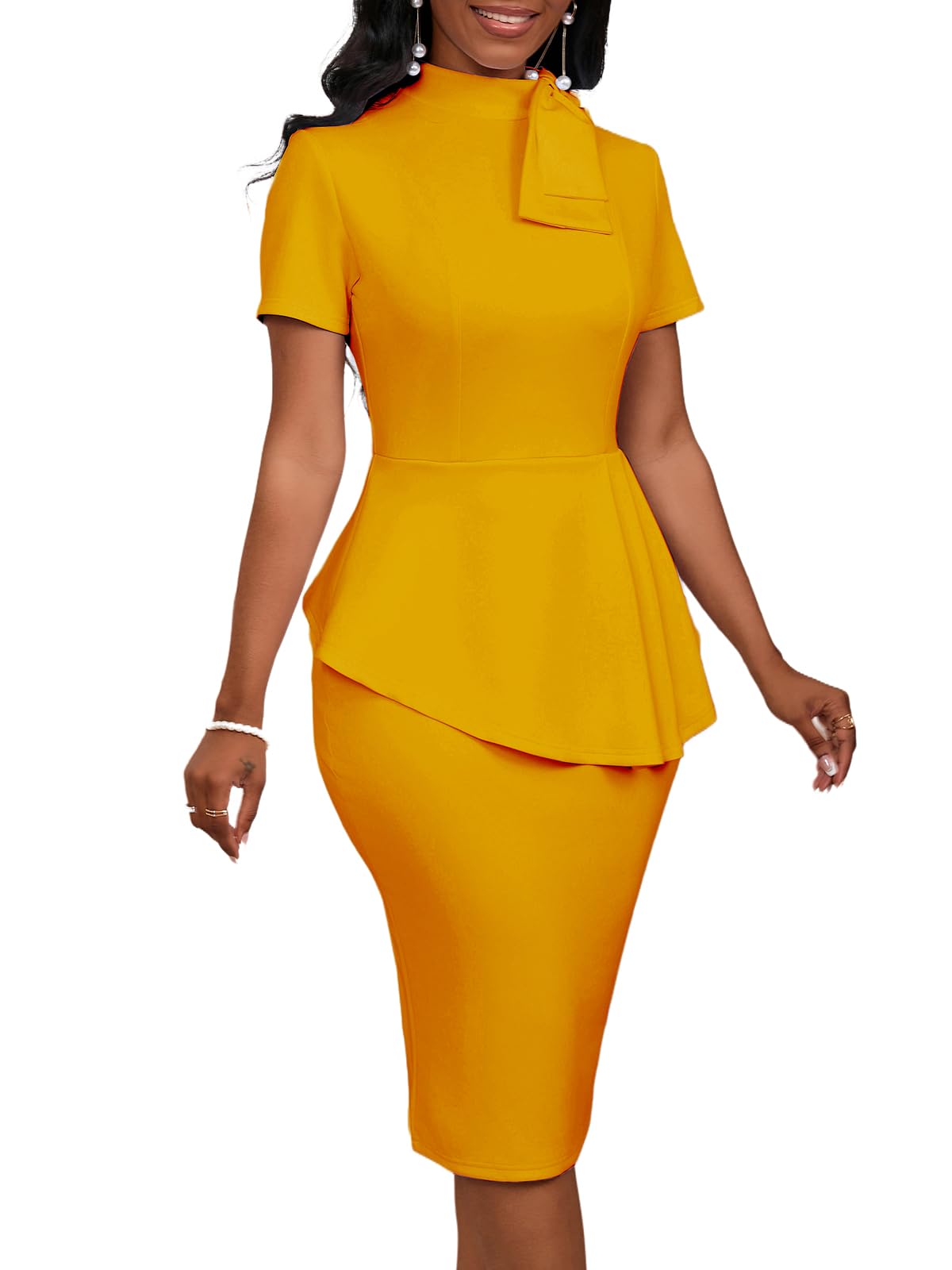 WanMem Women's Formal Bodycon Peplum Cocktail Dress - Short Sleeve Bow Ruffle Pencil Party Midi Dress for Evening Events, Weddings & Special Occasions