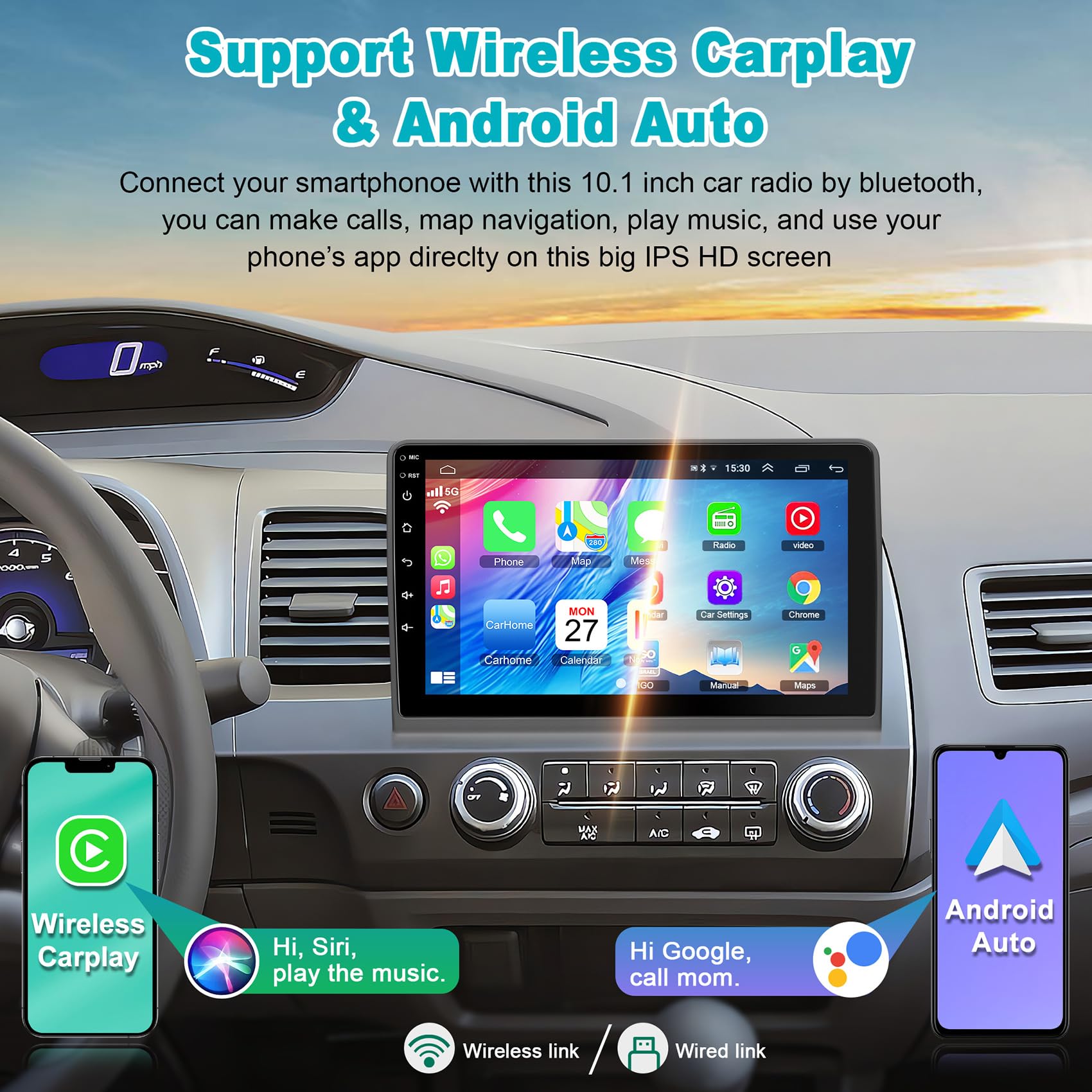 10.1 Inch IPS Touch Screen Car Stereo for Honda Civic 2006-2011 - 4G+64G Android Auto & Wireless CarPlay GPS Navigation System with Bluetooth 5.2/FM/Backup Camera/WiFi/SWC/HiFi - Perfect for Commuting, Road Trips & Hands-Free Driving