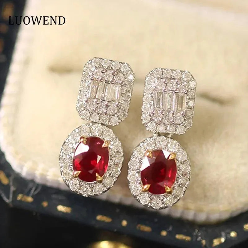 18K White & Yellow Gold Ruby Earrings for Women – Oval T-Square Diamond Jewelry – Perfect for Weddings, Anniversaries & Special Occasions