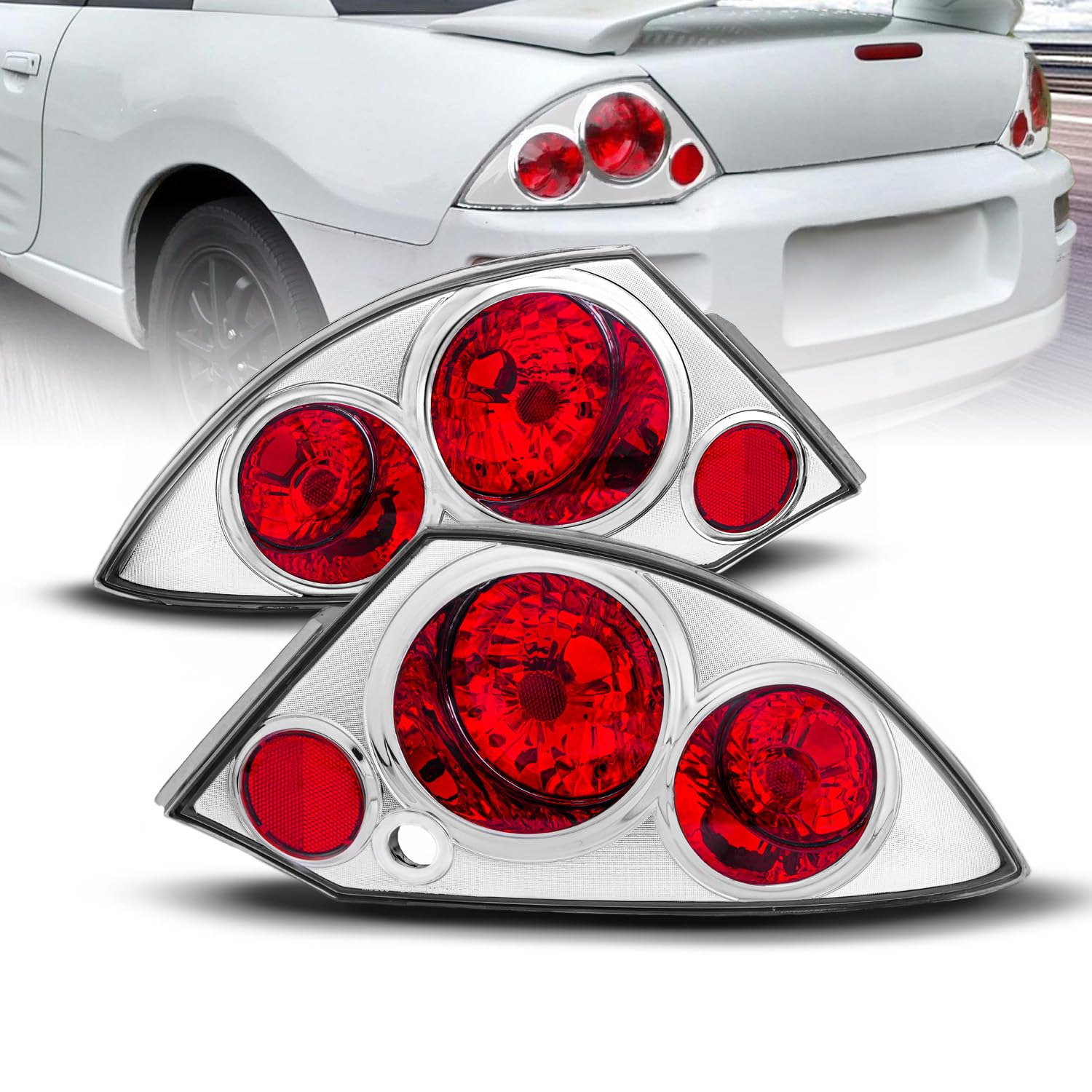 AmeriLite Euro Chrome Replacement Brake Tail Lights Set for 2000-2005 Mitsubishi Eclipse - Left & Right Side - Enhance Night Visibility & Style for Your Sports Car