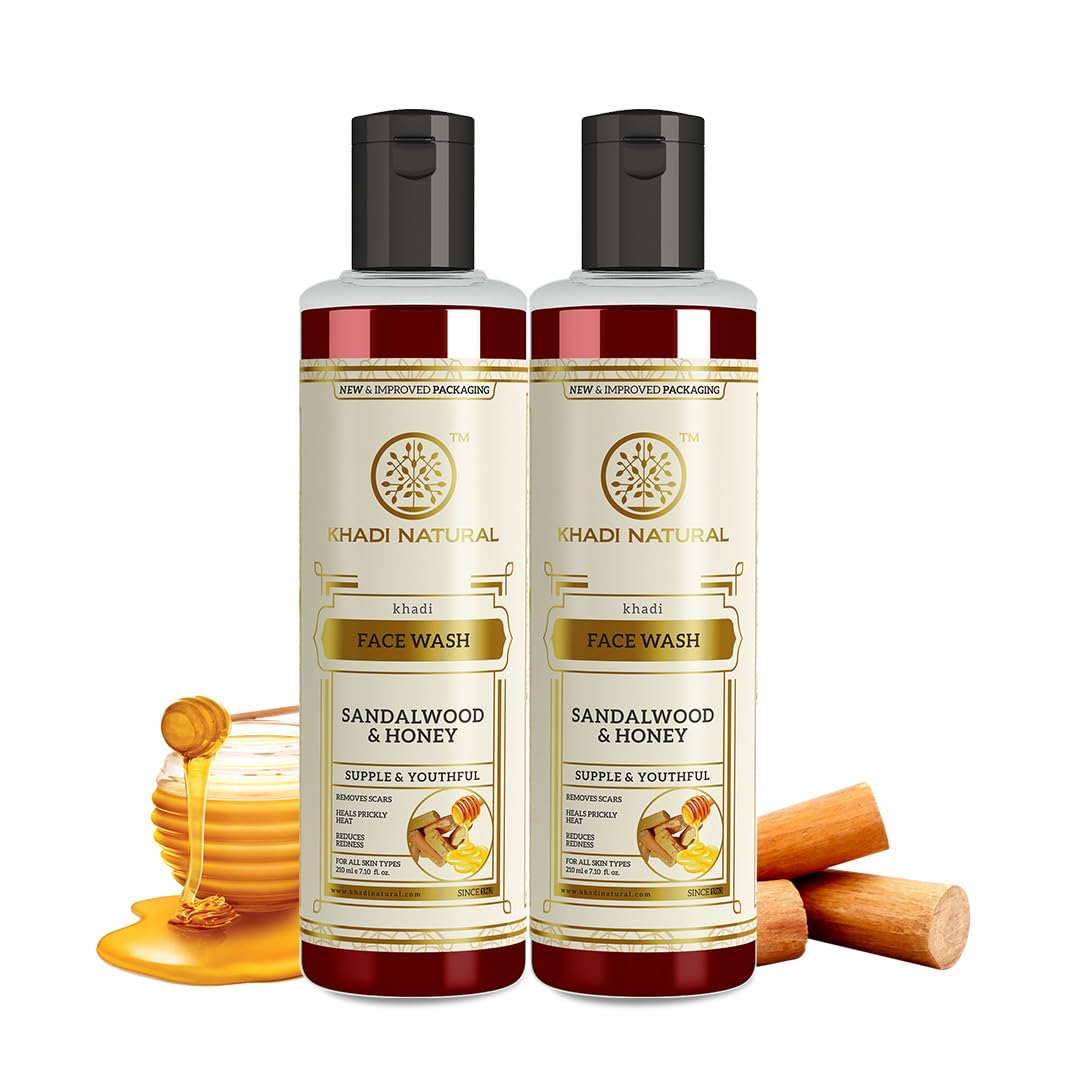 Khadi Natural Sandalwood & Honey Face Wash - Gentle Cleanser for Healthy & Soft Skin | Soothes Sunburns | Suitable for All Skin Types | Pack of 2 (420ml Total) | Perfect for Daily Skincare Routine & Post-Sun Care
