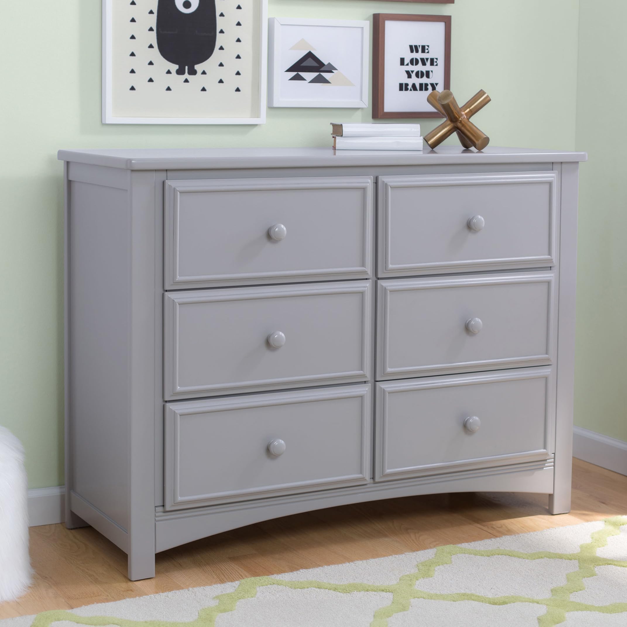 Delta Children Unisex 6-Drawer Double Dresser with Interlocking Drawers - Greenguard Gold Certified, Grey Nursery Dresser for Baby & Kids Bedroom Storage