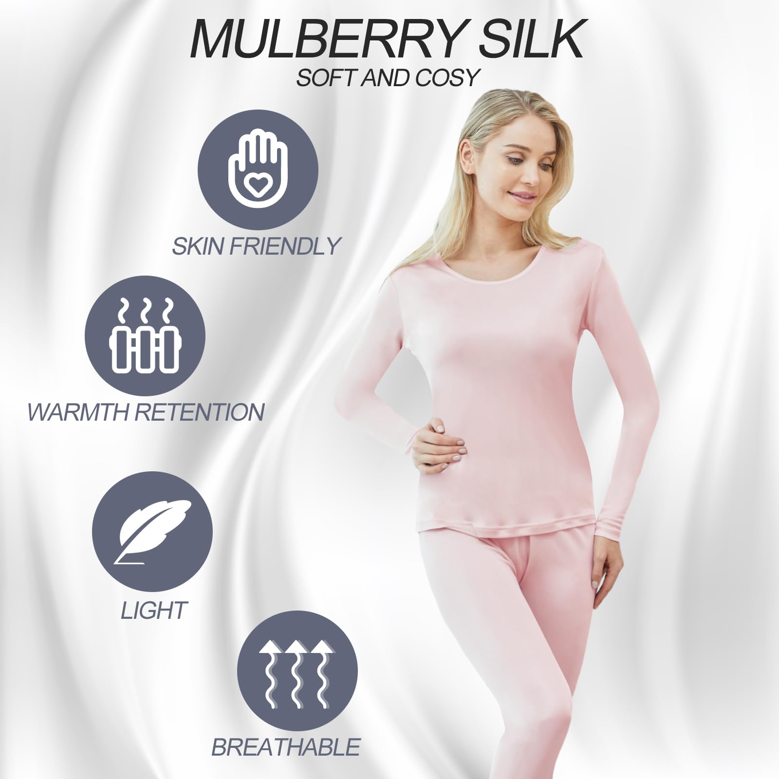 Panitay 2 Pack Women's 100% Mulberry Silk Thermal Underwear Set - Long Sleeve Top & Pants for Winter Warmth - Soft Base Layer Pajamas for Sleeping, Lounging & Cold Weather Comfort