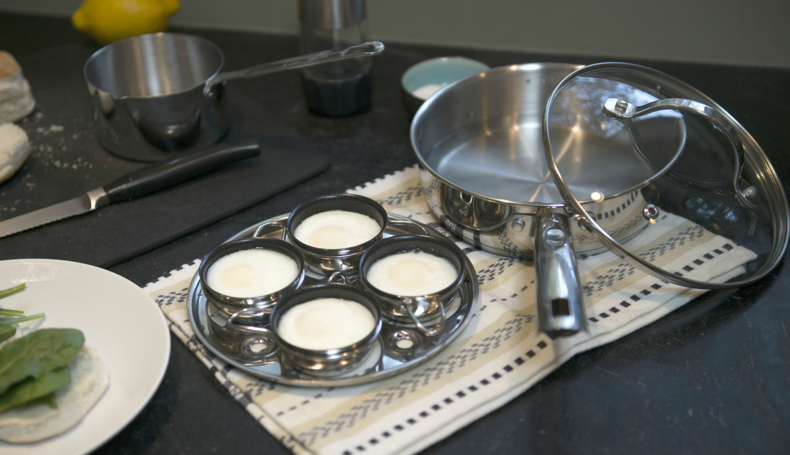 RSVP International Endurance® 4-Egg Poacher Set with Glass Lid & Steam Vent | Non-Stick Insert for Perfect Poached Eggs | Dishwasher Safe | Ideal for Breakfast, Brunch & Healthy Cooking