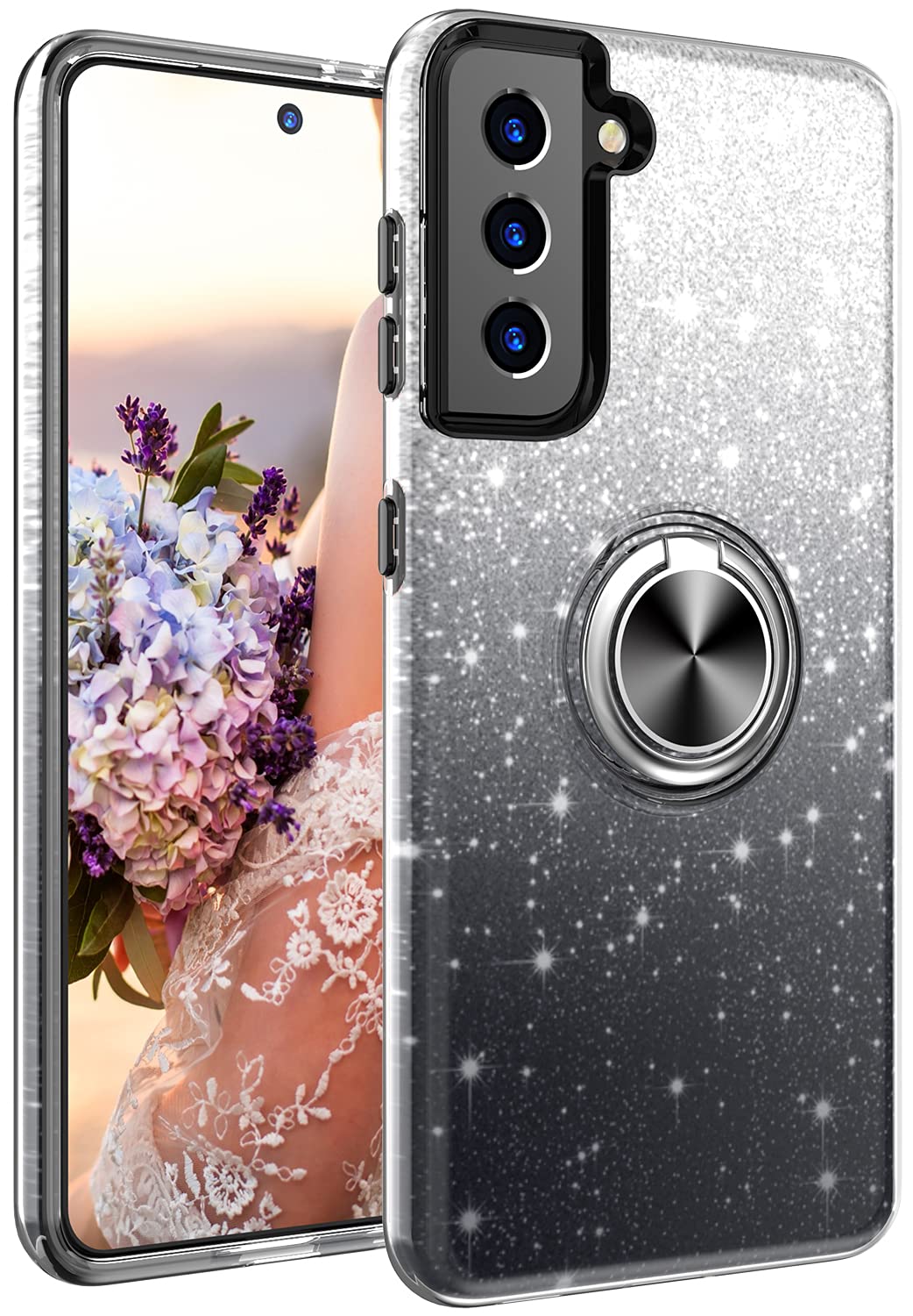 Samsung Galaxy S21 Plus Case - Bling Sparkly Glitter Cute Phone Cover for Women & Girls | Slim Fit Shockproof Drop Protection with Kickstand | Perfect for Daily Use, Travel & Gift Giving (Black)
