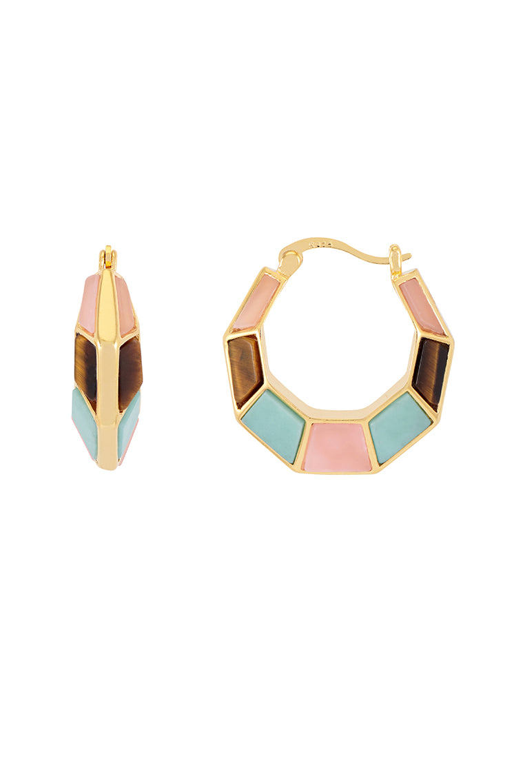 Mixed Gemstone Octagon Hinge Hoop Earrings - Dainty Boho Jewelry for Women - Perfect for Parties, Weddings & Everyday Wear