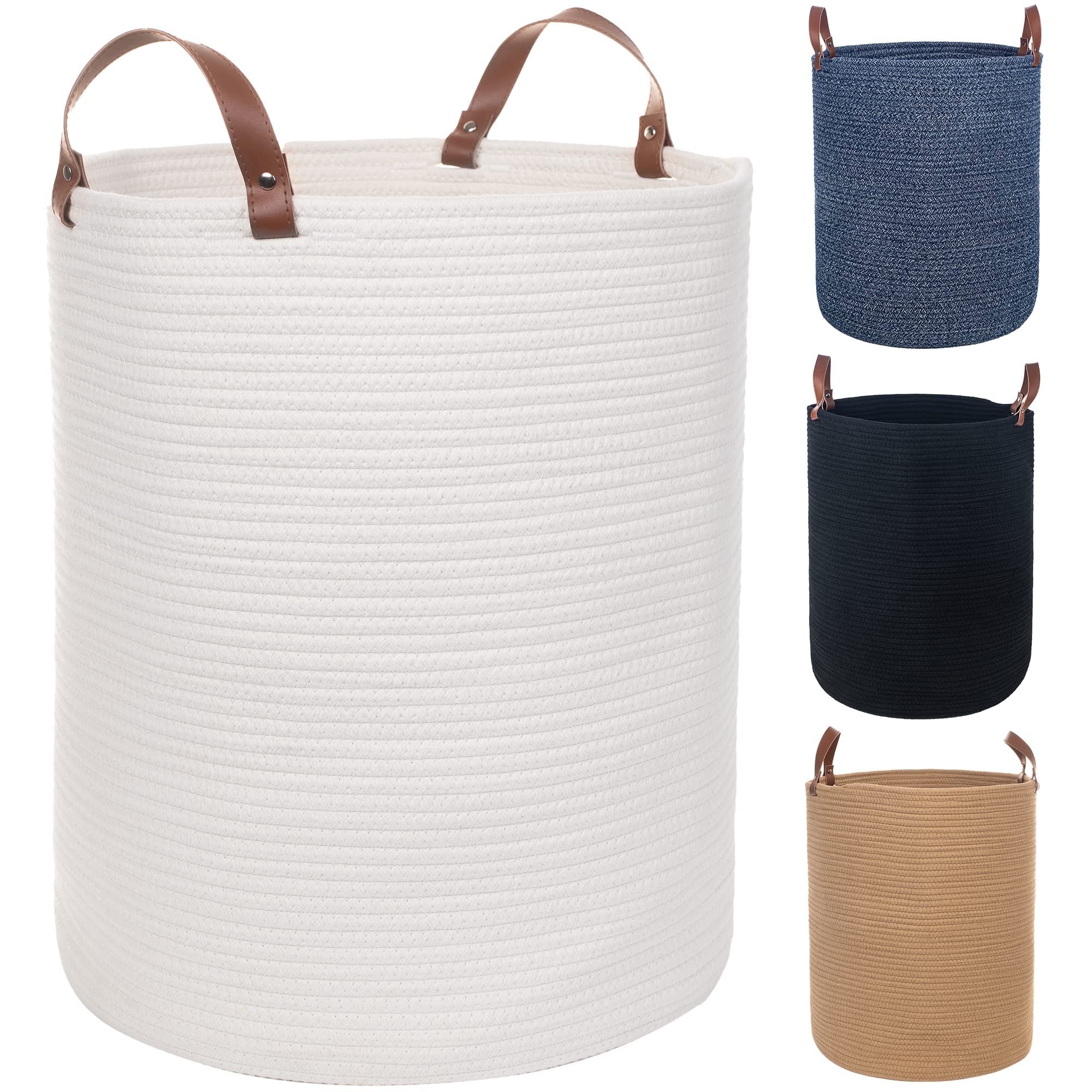 Extra Large 20x16 Inches Cotton Rope Storage Basket with Leather Handle - Woven Laundry Bin for Baby Clothes, Blankets & Toys - Perfect for Nursery, Yoga Mat & Towel Organization (White)