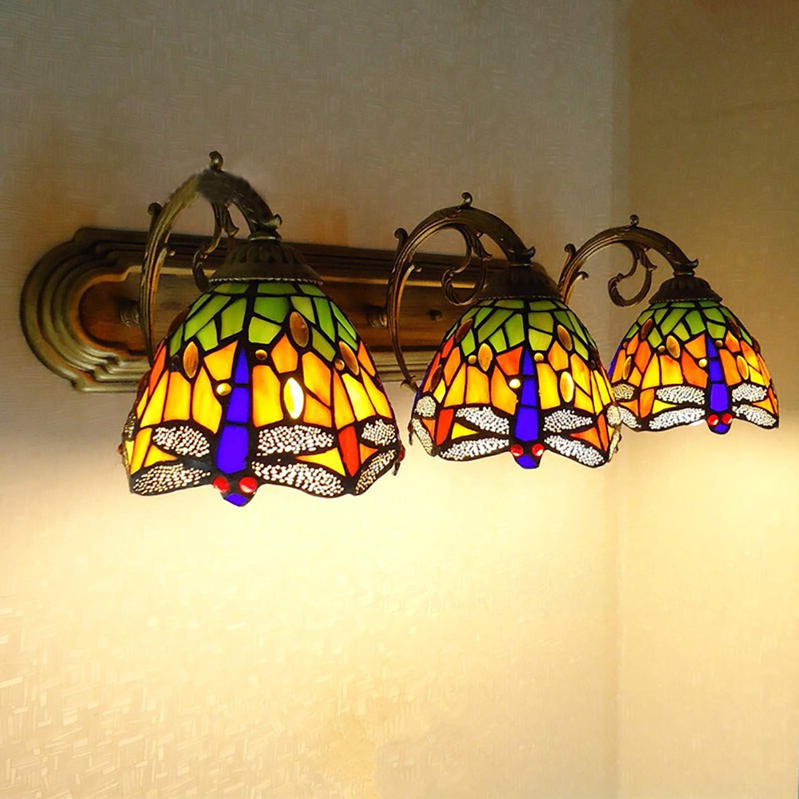 YIYIBYUS Handcrafted Stained Glass Wall Sconce with Dragonfly Shades - 3-Light E27 Bulb Base Vanity Lighting Fixture for Bedroom, Living Room, Study & Bar Decor | Perfect for Ambient Lighting and Vintage Home Decoration