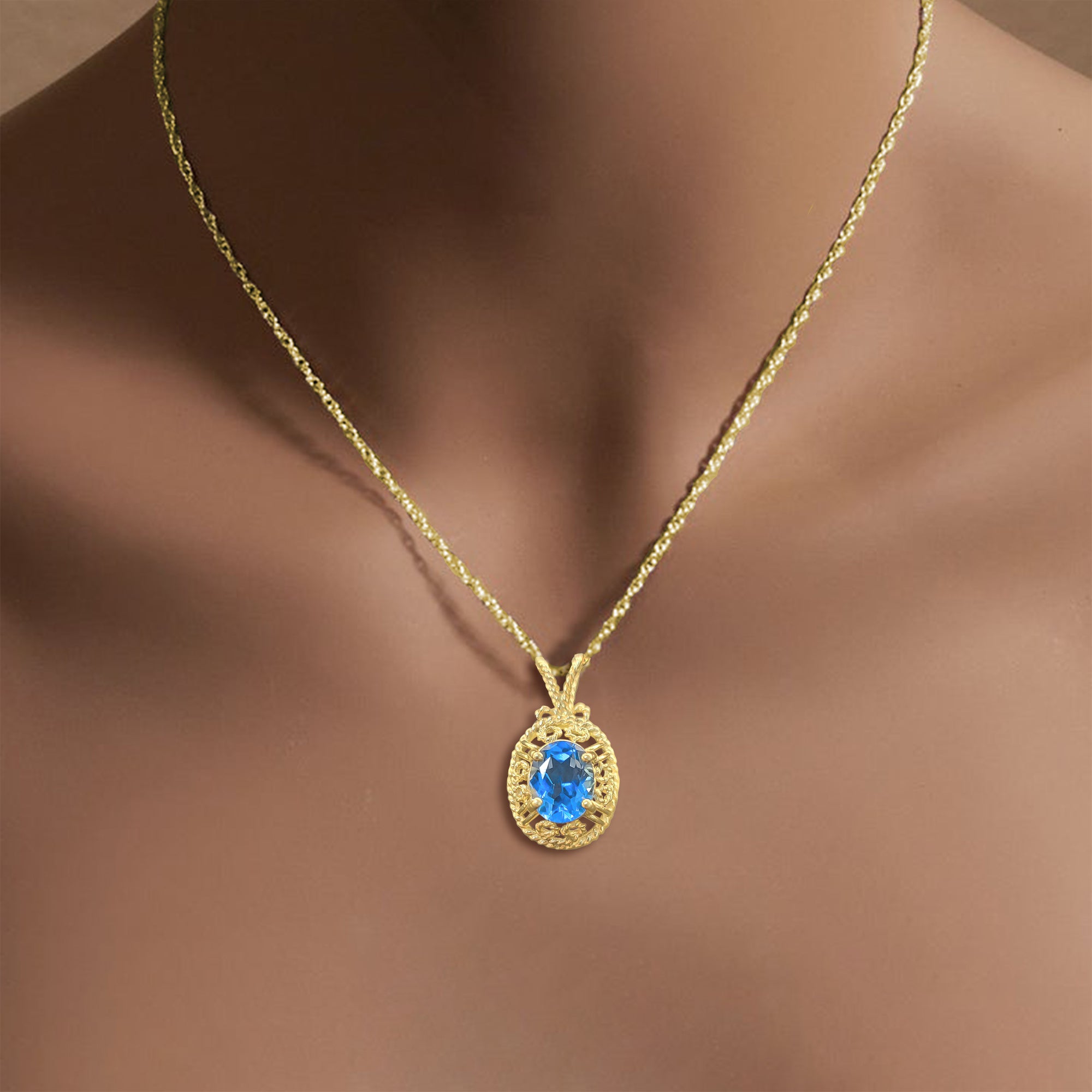 14k Yellow Gold Blue Topaz Rope Design Necklace - Perfect for Women's Jewelry Gifts, Anniversary & Birthday Presents