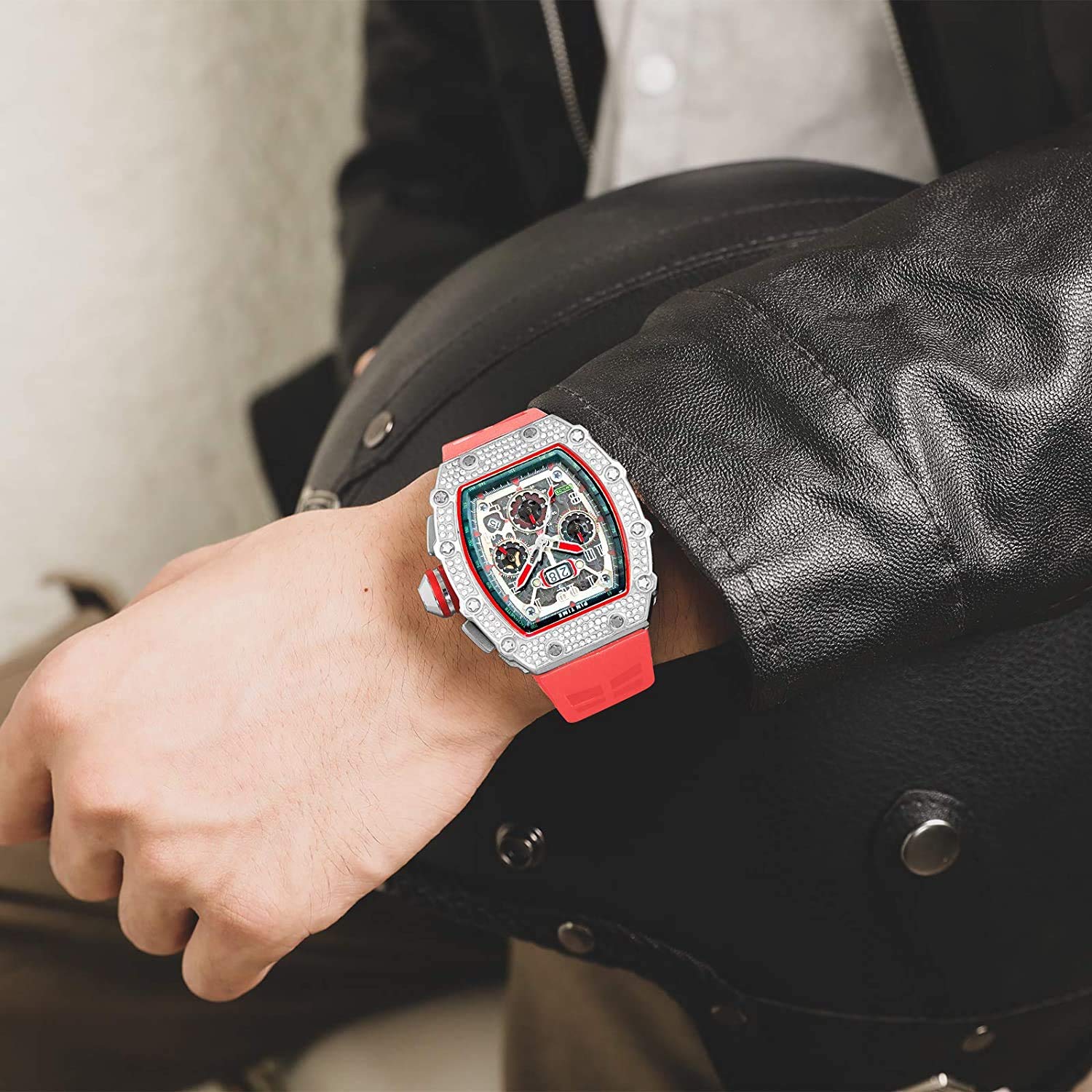 Gosasa Men's Luxury Diamond Tonneau Watch - Analog Chronograph with Date Calendar, Large Rectangle Face & Silicone Strap - Perfect for Business, Dress & Work Attire | Elegant Gift for Professionals & Watch Collectors